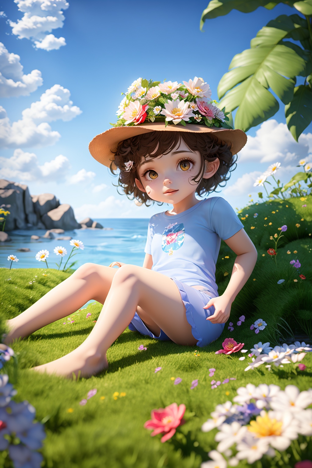 OC rendering,C4D,3D,product photography,still life,1girl,hat,flower,outdoors,sky,day,cloud,blue sky,white flower,scenery,pinwheel,