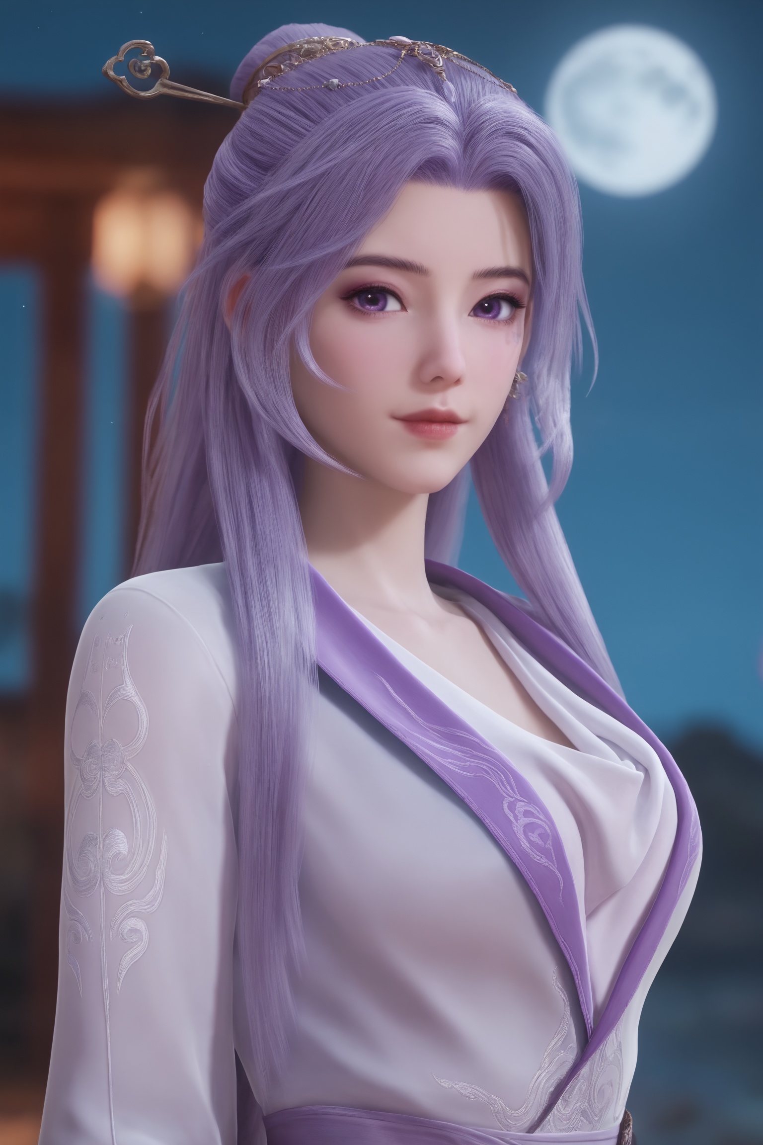 1girl,solo,shiny,shiny_hair,upper_body,fair_skin,white_skin,shiny_skin,shiny,Ivory_skin,looking at viewer,cinematic lighting,volumetric lighting,solo focus,blurry background,depth of field,night,sky,night sky,full moon,moonlight,<lora:云霄仙子ILL:0.7>,long lavender hair,styled in an elegant updo adorned with a golden hairpin.Her eyes are a soft,light blue,wears a traditional,semi-formal outfit with a flowing,white robe-like garment that features intricate,lavender embroidery on the sleeves and chest.,