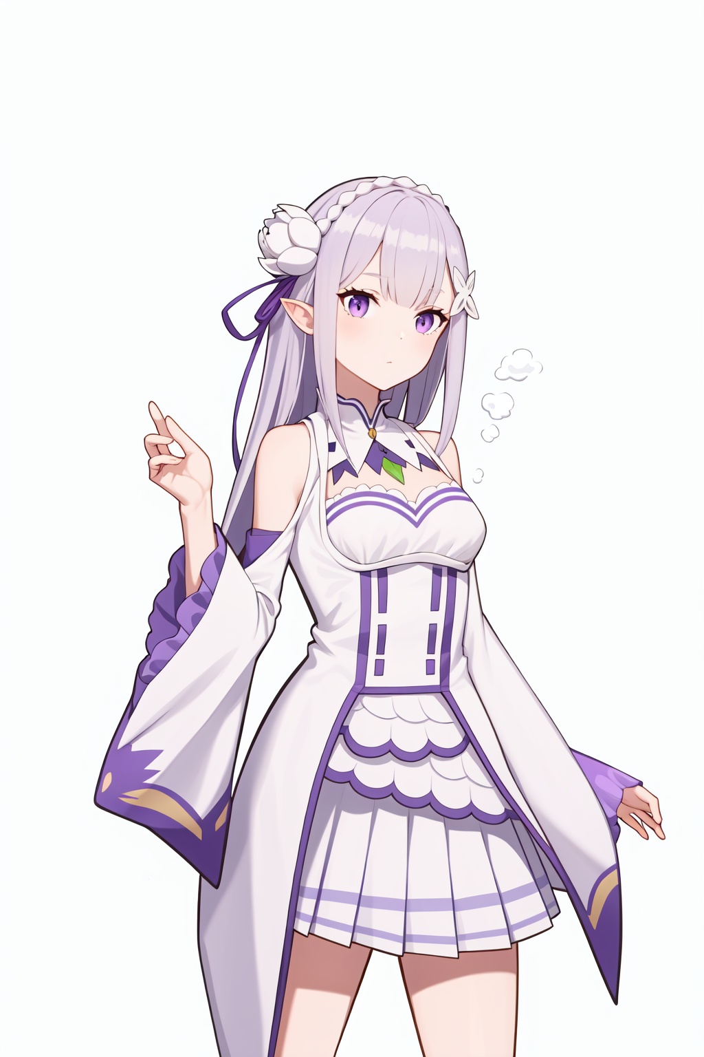 <lora:爱蜜莉雅:1>,a girl named emiliare0,emiliare0,1girl,white flower,purple ribbon,detached sleeves,wide sleeves,pleated skirt,white dress,, (masterpiece,best quality,high quality:1.4),absurdres,