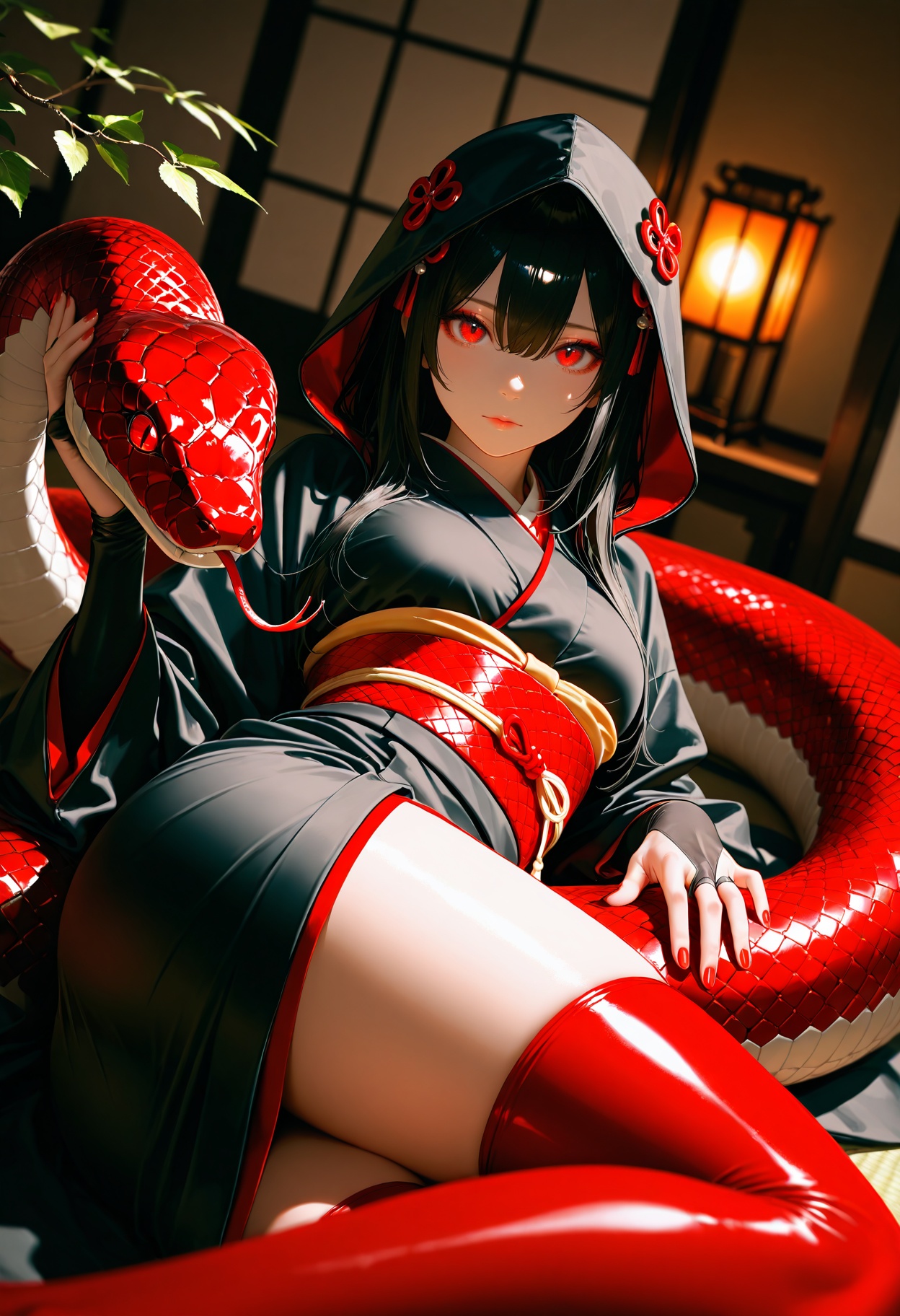 1girl,solo,long hair,looking at viewer,bangs,black hair,hair ornament,red eyes,thighhighs,hair between eyes,closed mouth,japanese clothes,hood,kimono,sash,leaf,obi,bridal gauntlets,red nails,snake,red thighhighs,BREAKultra-detailed,sharp focus,depth of field,vibrant colors,ray tracing,best lighting,detailed illustration,detailed background,cinematic,beautiful face,beautiful eyes,blum effect,highly detailed,ambient occlusion,intricate cinematic background,best lighting,sharp focus,masterpiece,best quality,amazing quality,lnewest,very aesthetic,absurdres,scenery,high detail,subtle,high contrast,real background,smooth shading,glossy surfaces,colorful depth,enthusiasm,diagonal angle,high angle,dak depth,masterful shading,low kye,dak depth,chiaroscuro,impasto,(shallow depth of field:1.4),(foreshortening:1.4),dutch angle,volumetric lighting,