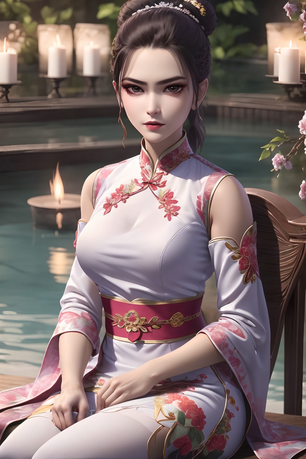 hands_,realistic,outdoors,1girl,solo,fireworks,white chinese clothes,hair ornament,flower,long hair,candle,hair flower,detached sleeves,double bun,sitting,realistic,looking at viewer,hair bun,sash,floral print,<lora:baichuan_v1:1>,black hair,brown eyes,