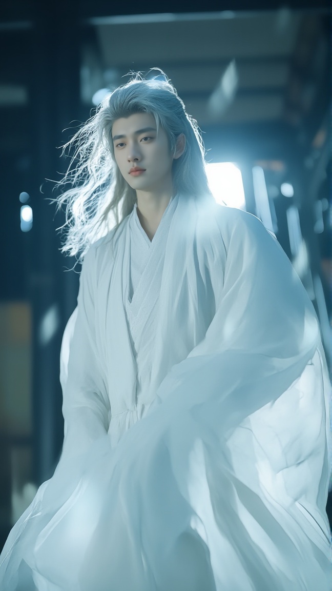 neomj,<lora:neomj古风v9_15:1>,eomj,A man with long,silver hair,wearing a flowing white robe,The background is dark with some visible architectural elements and a light source overhead.,the foreground has blurred air currents formed light,fuzzy white leaves in the foreground,