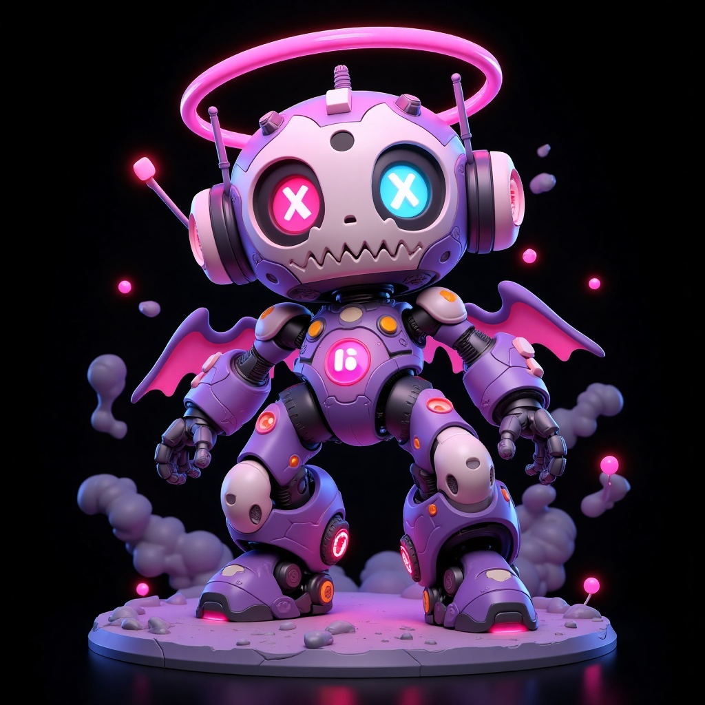 hezi, 3d, Bubble Mart, rich color, q version, robot, no humans, black background, non-humanoid robot, solo, pink eyes, glowing, one-eyed, skull, screw, halo, full body, simple background, mecha, machine, floating, looking at viewer, humanoid robot, standing, teeth, smoke, wings, gears, symbol-shaped pupils, energy, glowing eyes, science fiction, pokemon \(creature\)