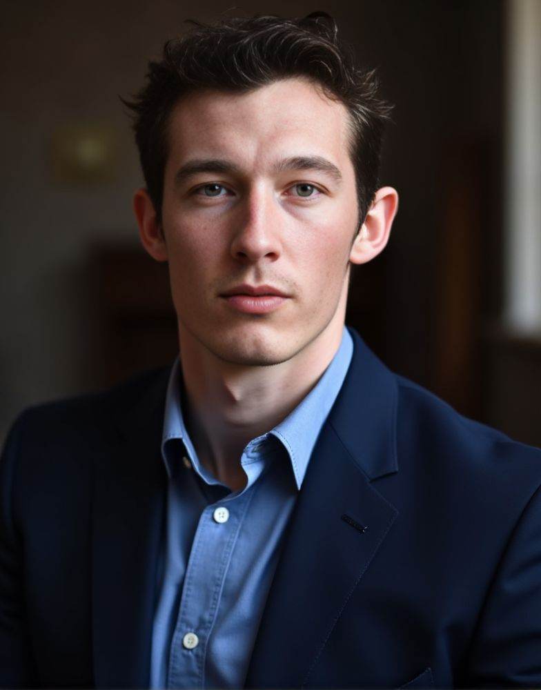 Callum Turner ,  masterpiece. best quality .extreme detailed. An iphone photo. male. ( wearing navy suit. blue shirt . loo...