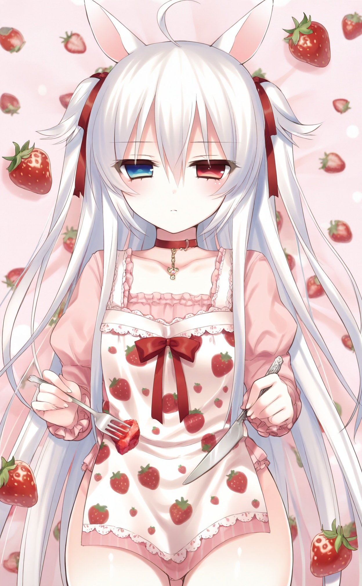 masterpiece,absurdres,best quality,((petite)),loli,high quality,chromatic_aberration,shiny_skin,//,1girl, solo, heterochromia, animal_ears, long_hair, fork, ribbon, white_hair, rabbit_ears, food_print, blue_eyes, two_side_up, red_eyes, strawberry_print, knife, strawberry, food, choker, ahoge, bow//,<lora:月影ネム——【CKXL】hans:1>,