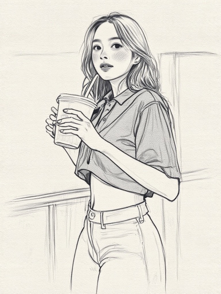 A pencil drawing of a young woman with long, wavy hair, wearing a short-sleeved shirt and holding a cup with a straw. She has a relaxed expression and is looking slightly to the side. The background is simple and minimalistic, with a few lines suggesting a fence or railing. The style is clean and detailed, with soft shading. The woman has a slender physique and a youthful appearance. The drawing has a sketchy, hand-drawn quality, with visible pencil strokes and a slightly textured paper surface. The image is framed with a white border., <lora:铅笔画_人物_flux版:1>