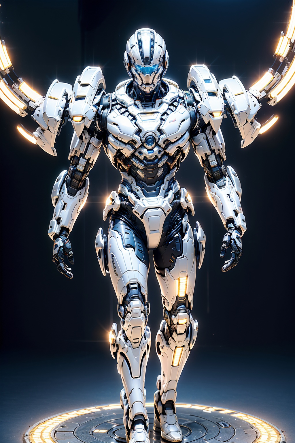 masterpiece,best quality,(highly detailed),male soldier,cyborg,(full body:1.3),day light,bright light,wide angle,white background,<lora:hjyrobo5-000010:0.75>,complex body,shining sparks,(three times overlap big  machinery  on the back :1.2),silvery,sleek,studio light,(stand on shining blue light circle Science Fiction Portal:1.2),White semi transparent gauze background,