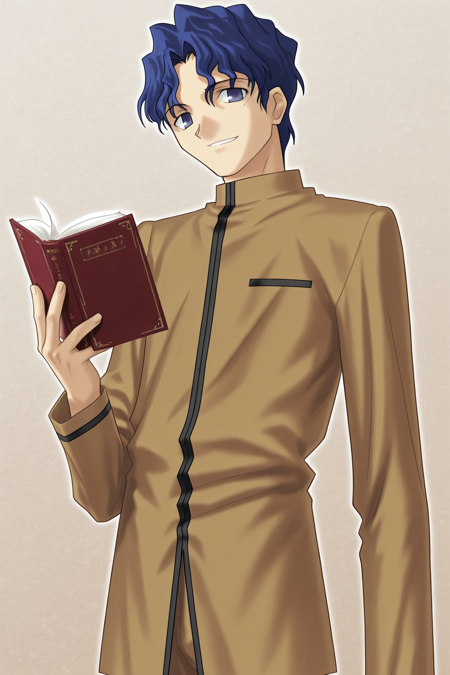 Fate stay night Style,Matou Shinji,male focus,1boy,school uniform,solo,blue hair,blue eyes,book,wavy hair,gakuran,homurahara academy school uniform,holding,smile,<lora:Fate stay night_illustriousXL:1>,