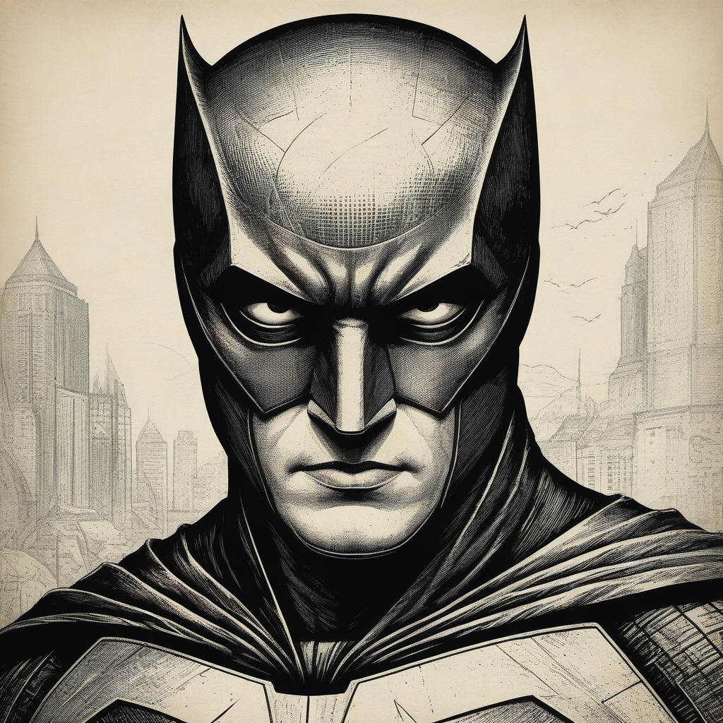 batman, close-up,etching, thick line outline,minimalism,convex plate printing, flat illustration, retro, black and white, artistic, rich texture details