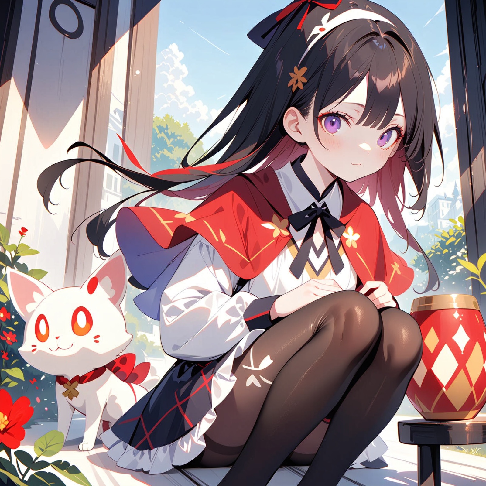 (masterpiece),(best quality),illustration,ultra detailed,hdr,Depth of field,(colorful),[pottsness],[iumu],[Sheya],1girl, akemi homura, sitting, long hair, pantyhose, black hair, purple eyes, hairband, kyubey, long sleeves, skirt, looking at viewer, argyle legwear, bangs, capelet, black pantyhose, frills, closed mouth, feet out of frame, black hairband, frilled skirt, ribbon, magical girl, :3, shirt, argyle, creature, knees together feet apart, neck ribbon, expressionless, on lap, white shirt, solo
