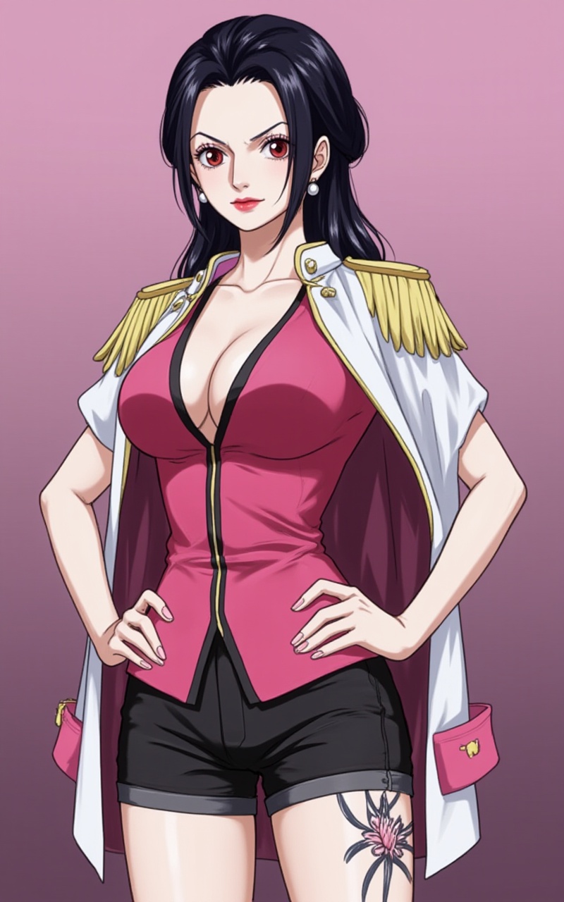 <lora:桃兔8:1.2>,zhiyuan,red eyes,mole under mouth,black hair,lipstick,long hair,pearl earrings,1girl,breasts,solo,tattoo,black hair,epaulettes,hands on own hips,cleavage,shorts,large breasts,earrings,jewelry,long hair,brown eyes,lipstick,makeup,black shorts,short shorts,looking at viewer,nico robin,2,cover,simple background,gradient background,close-up details,outstanding style,adding a touch of dimension to your images without compromising details,close-up,lvjing,<lora:油画唯美滤镜15:0.3>,baoshi,lvjing,lvjing,<lora:DJ滤镜_2.5D版:0.4>,lvjing,