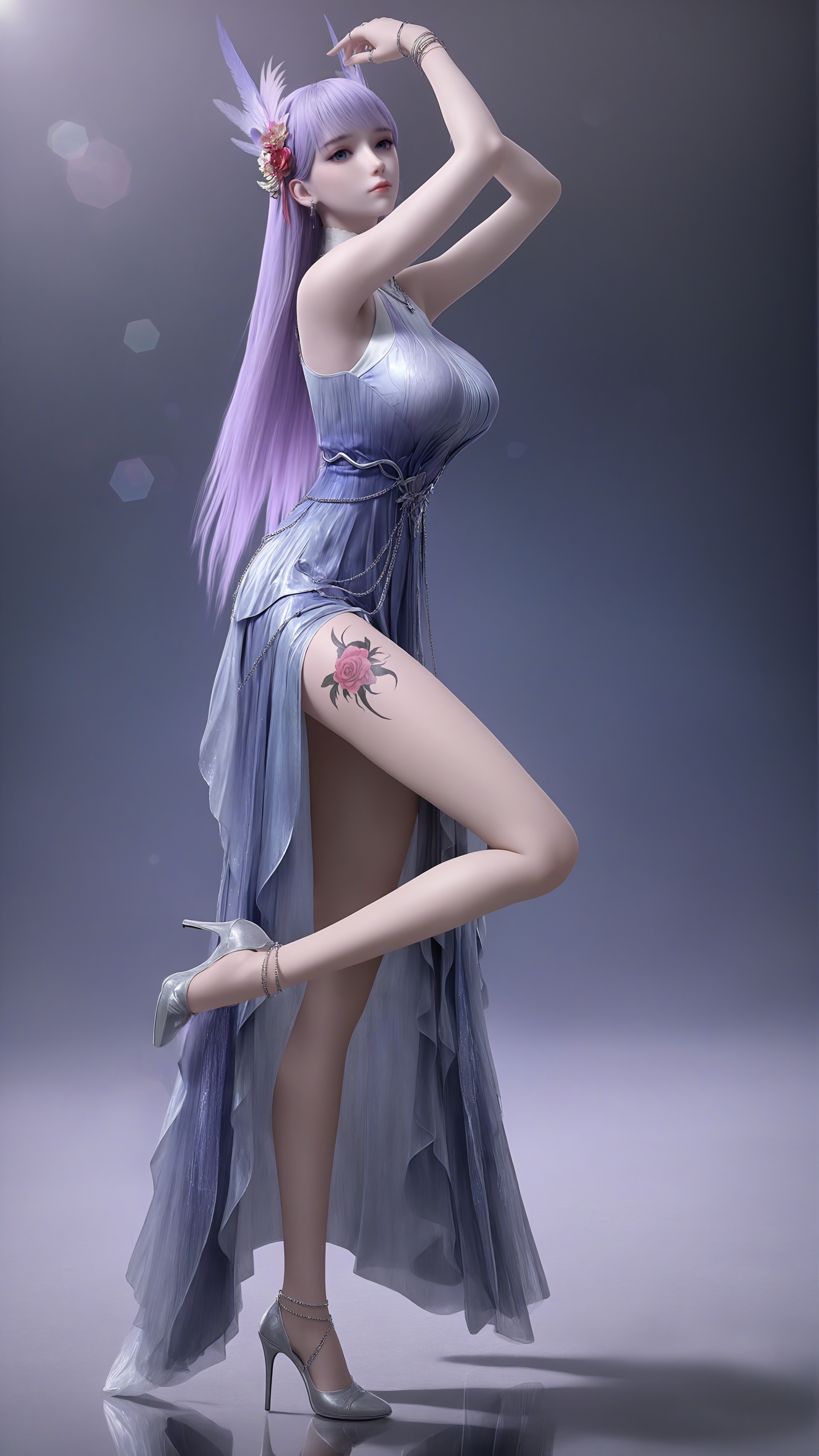 <lora:Jlzy-林紫玥-氪金玩家-天海光辉:0.8>,1girl,solo,bangs,Jlzy,lavender hair,fluttering hair,bare shoulders,blue eyes,blurry background,bracelet,big breasts,closed mouth,full_shot,pale_skin,dress,earrings,lavender eye shadow,feather hair ornament,feathers,hair ornament,jewelry chain decoration on clothes,jewelry,clothes have complex textures,lips,long hair,looking at viewer,necklace,ring,sleeveless,gray high heels,long legs,purple gradient color background,simple background,lens flare,reflective ground,calf red rose tattoo,, photorealistic,masterpiece,best quality,cinematic lighting,