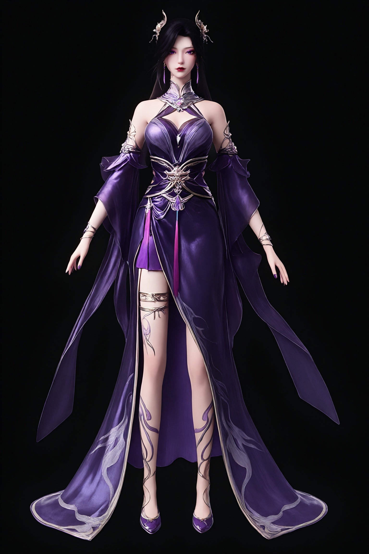 black background,standing,looking at viewer,1girl, yqc\(csj\), long hair, hair ornament,black hair, purple eyes,  earrings,bare shoulders, clothing cutout, sash,bracelet,jewelry, purple dress,leg tattoo, thighlet, breasts,detached sleeves, purple footwear,