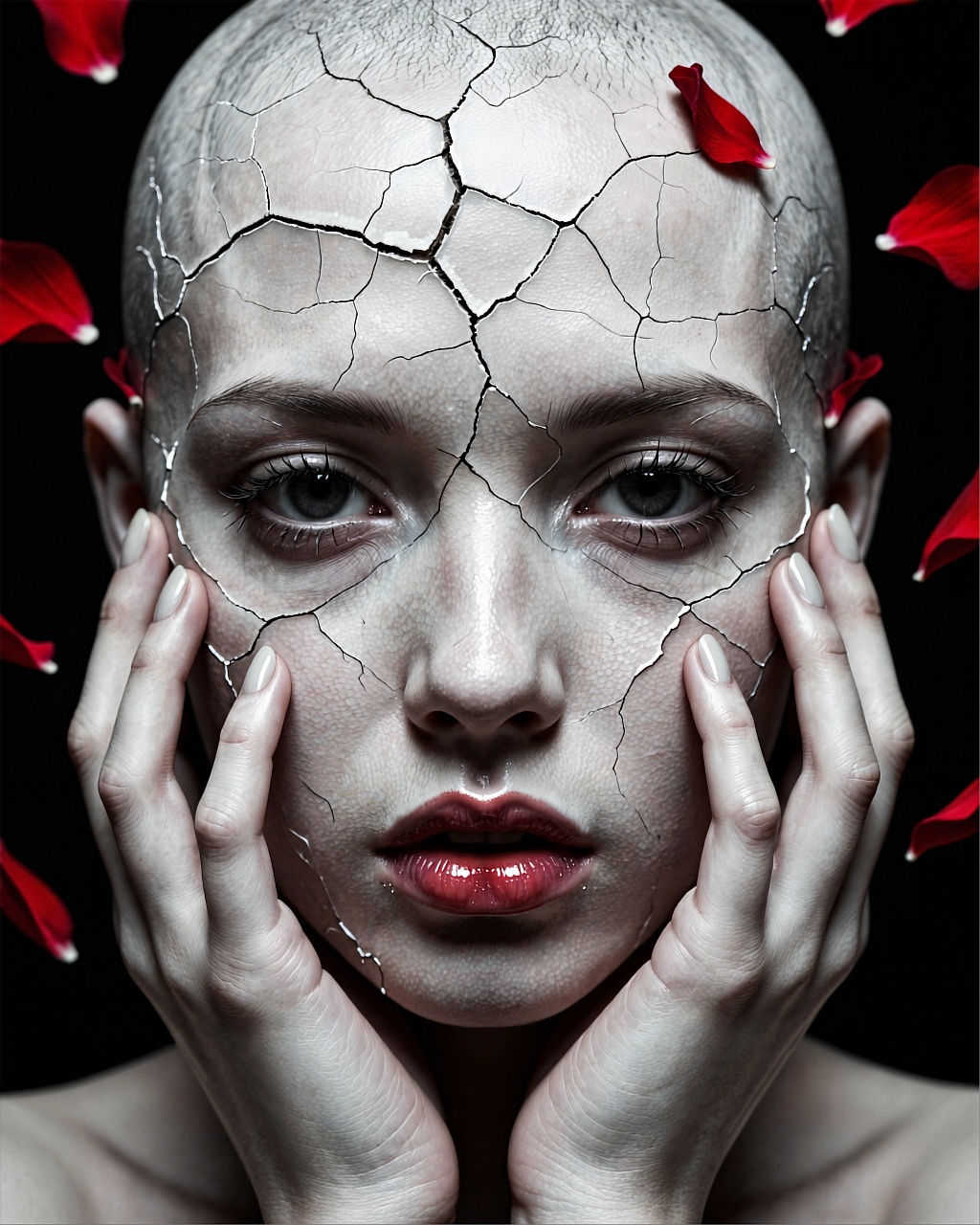 A hauntingly surreal portrait of a pale-skinned woman with cracked porcelain-like skin resembling dried earth or ancient s...