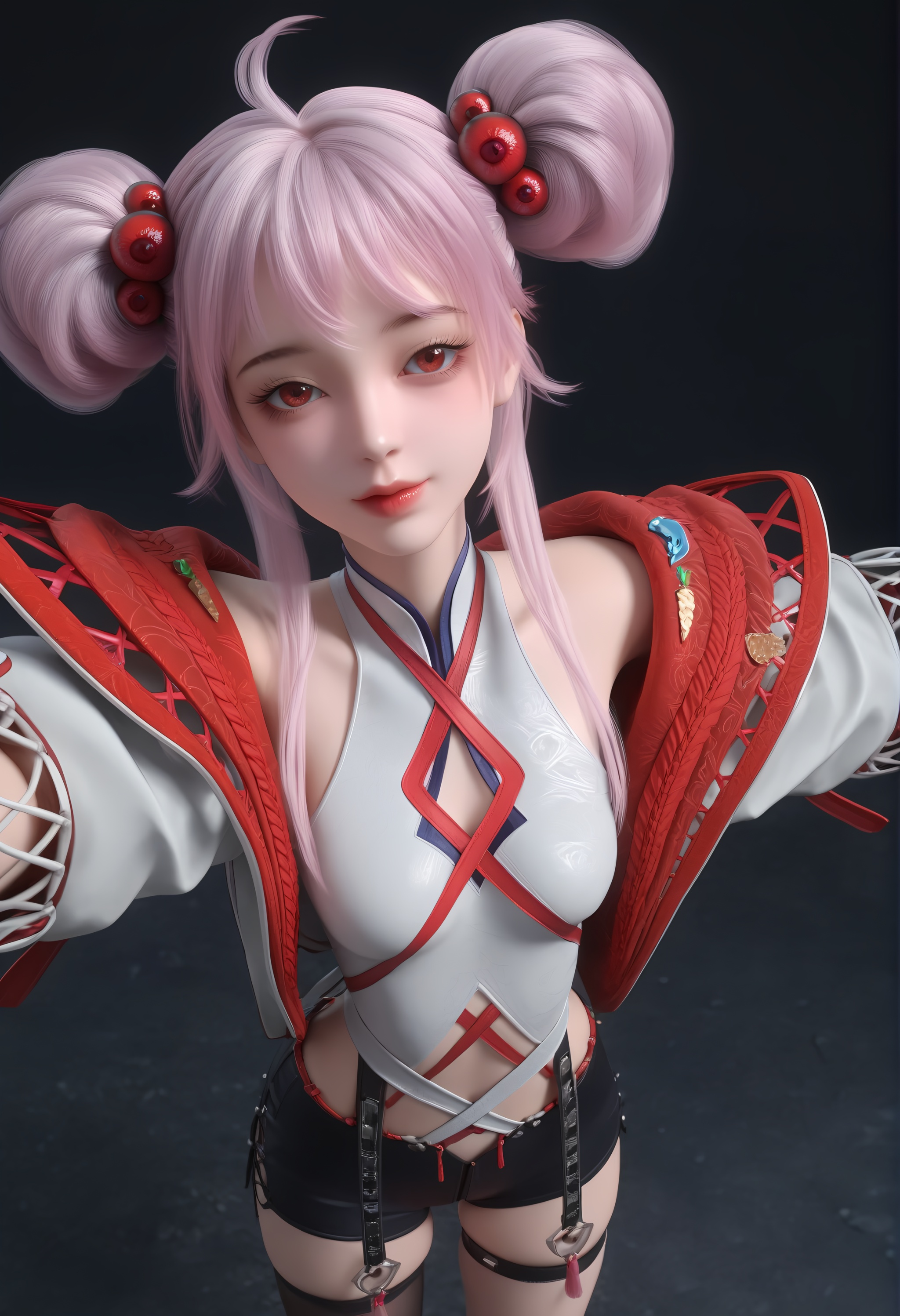 (score_9),<lora:炙珠-apony-000009:0.85>,zizhu,1girl,solo,red eyes,double bun,hair ornament,pink hair,ahoge,open jacket,sleeveless topwear,puffy sleeves,short shorts,single thighhigh,thigh strap,(single_thighhigh),tassel,mature_female,collarbone,BREAK<lora:Expressive_H-000001:0.8>,light blush,Expressiveh,looking at viewer,front view,dutch angle,dynamic_angle,from above,selfie,v sign,closed mouth,<lora:e肤色滑块:0.25>,fair_skin,(pale skin),ultra-detailed skin texture,detailed textures,<lora:皮肤凹痕:1.2>,<lora:RealisticSkinv1_ponyv6_loraplus:0.3>,real skin,BREAKsimple background,black background,<lora:e色温:0.25>,4K ultra HD,sharp focus,high detail,high contrast,