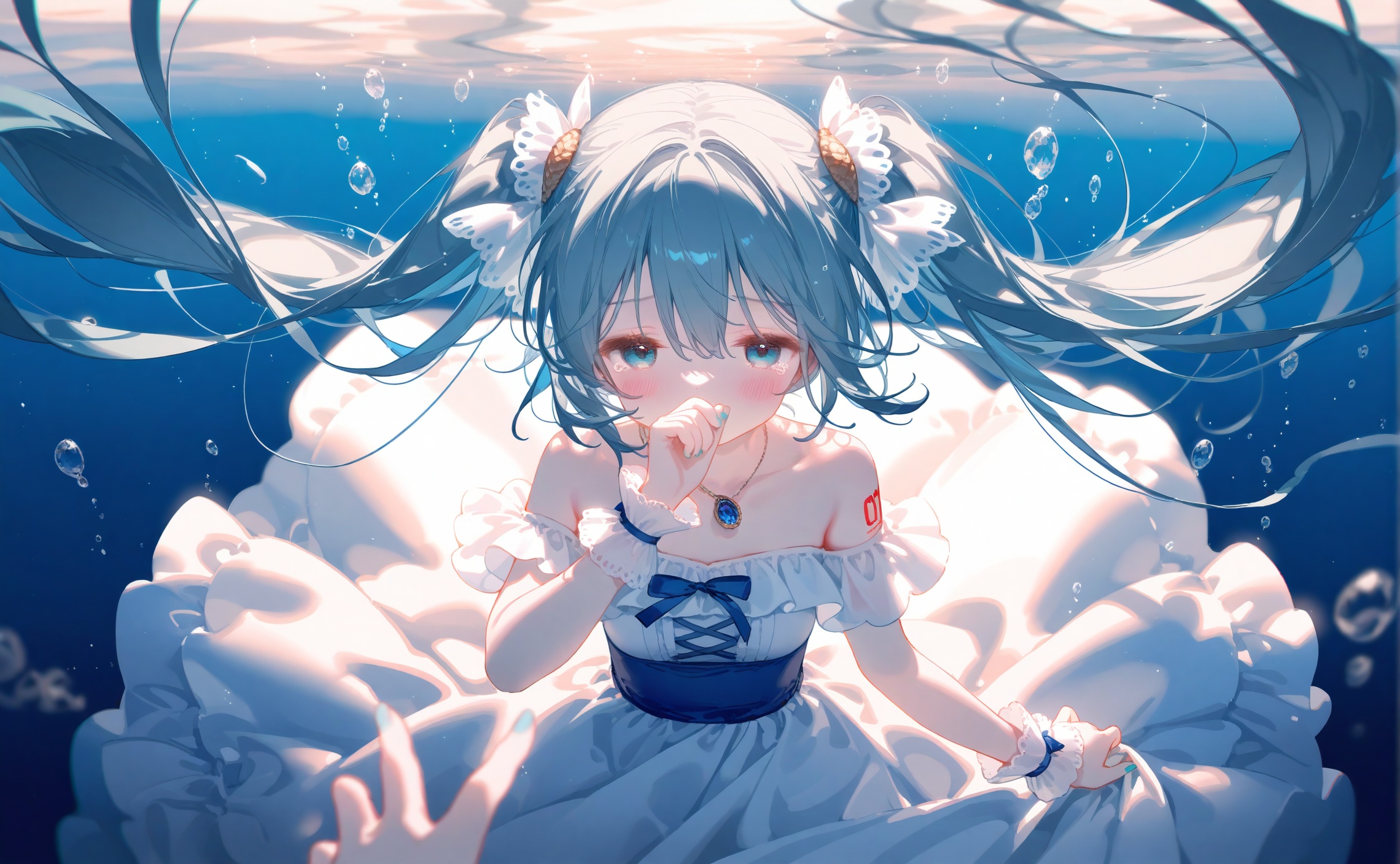 masterpiece,very aware,highres,absurdres,newest,best quality,loli,petite,high quality,chromatic_aberration,cinematic_angle,dutch angle,//,artist:ciloranko,artist:ningen_mame,artist:sho_(sho_lwlw),artist:rhasta,artist:wlop,artist:ke-ta,artist:hiten \(hitenkei\),//best,hatsune miku, jewelry, reaching, underwater, dress, necklace, bubble, reaching towards viewer, long hair, pov, air bubble, blue theme, solo focus, bare shoulders, white dress, blue eyes, submerged, twintails, collarbone, multiple girls, pov hands, 2girls, off-shoulder dress, outstretched hand, blue hair, half-closed eyes, blurry, out of frame, hair between eyes, frills, pendant, aqua hair, hair ornament, outstretched arm, female pov, off shoulder, wrist cuffs, blurry foreground, very long hair, frilled dress, depth of field, covered mouth, blue nails, aqua eyes, skirt hold, floating hair, number tattoo, aqua theme, 1girl, covering own mouth, fingernails, breasts, tattoo, nail polish, water, looking at viewer, caustics, brooch, drowning, aqua nails, shoulder tattoo, frilled cuffs, gem, flower, scrunchie, wide sleeves, backlighting, hair flower, sidelocks, open hand, short sleeves, reflection, dual persona, foreshortening, blurry background, arm tattoo, sunlight, small breasts, from above, 1other, sleeveless, blush, hand up, shell hair ornament, amulet, sleeveless dress, wrist scrunchie, gloves, detached sleeves, white scrunchie, eyelashes, blue gemstone, blue dress, hair bow, blue gloves, tears, strapless