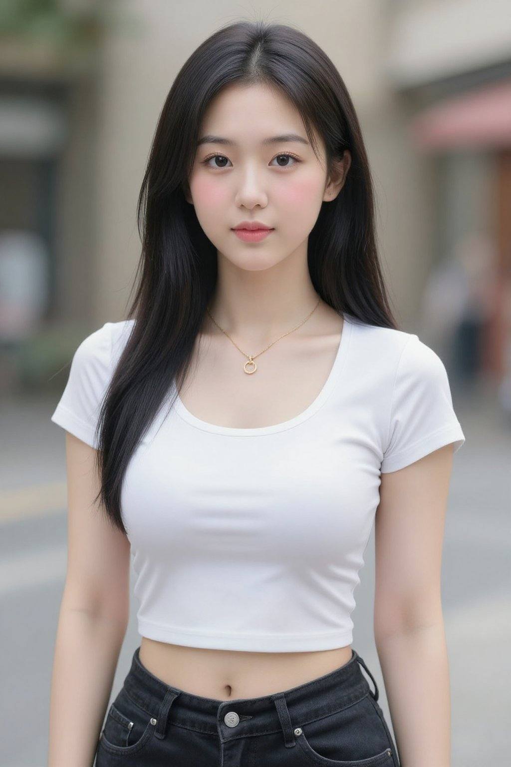 The image is a photograph featuring a young woman. She has long straight black hair. Her skin is fair and smooth, and she has a youthful, delicate face with pinkish cheeks and lips slightly parted, flat breasts. She is dressed in a tight white short-sleeved crop top and high-waisted black jeans with a button and zipper. She is also wearing a simple gold necklace with a small pendant, standing, street.