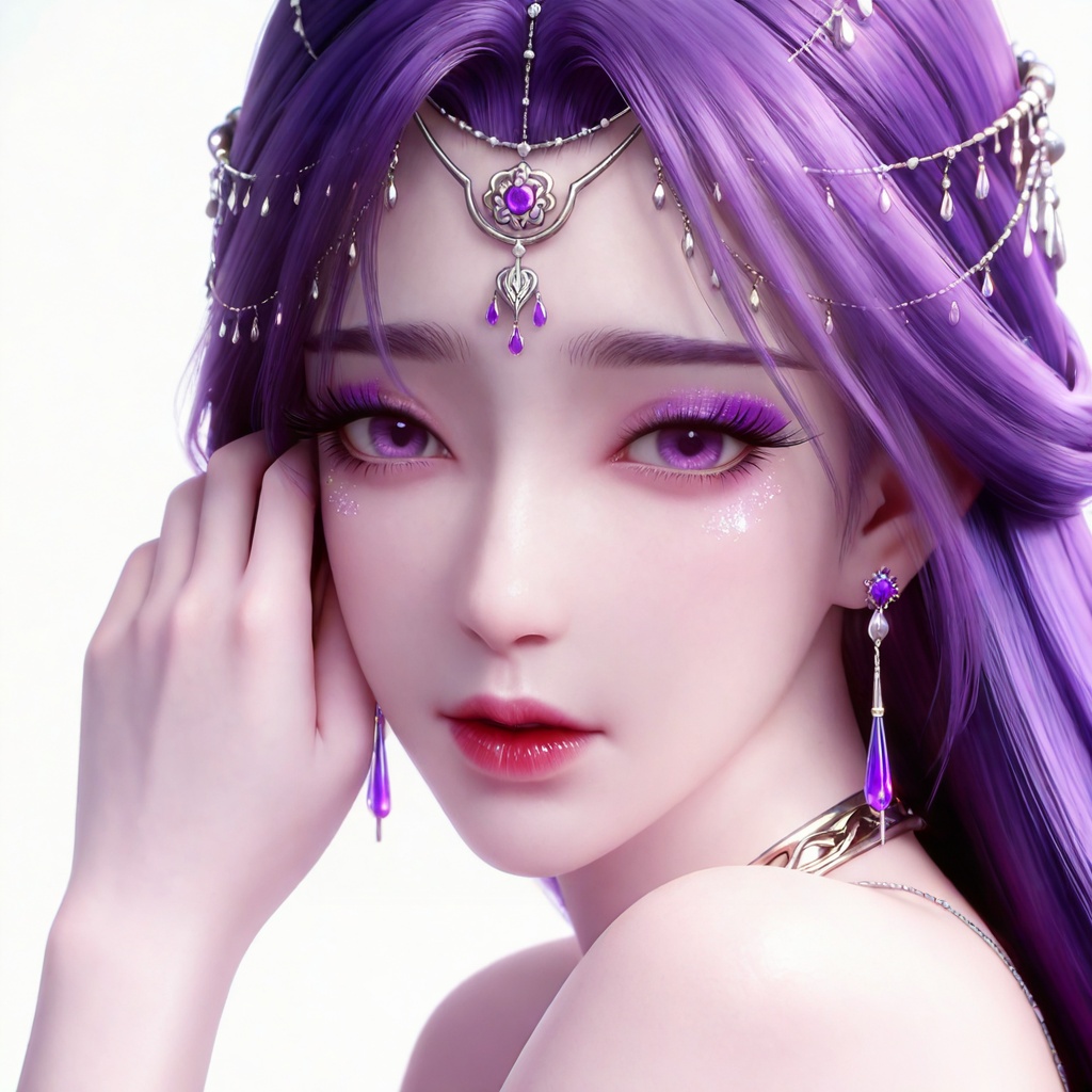 masterpiece,high quality,tall,game cg,highres,(soft light:1.2),white_skin,(shiny_skin:0.6),(realistic:1.1),glitter,<lora:云曦·衣服百搭款·化妆:0.8>,yunxi,1girl,solo,purple hair,purple eyes,white background,long hair,jewelry,earrings,hair ornament,looking at viewer,simple background,eyelashes,glitter,makeup,eyeshadow,purple eyeshadow,shiny eyeshadow,bare shoulders,upper_body,