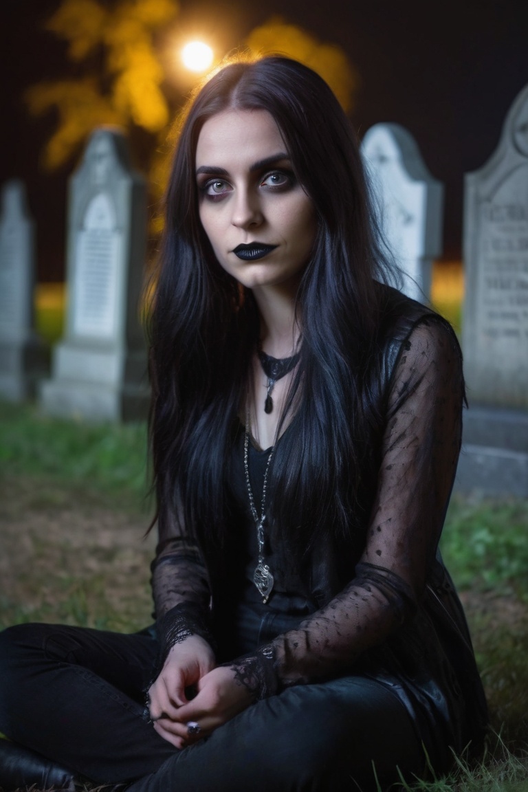 eyes shoot,  a stunning young gothic girl sitting in the graveyard,  hyper-realistic on Tensor.Art