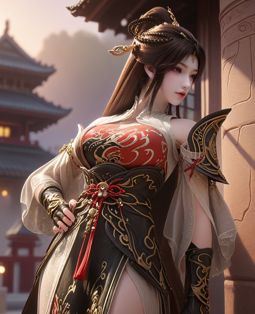 (oriental architecture, elegant decor, sophisticated style:1.1),(Leaning against a wall, hands on hips,:1.1),(split crop:1.1),(large breasts:1.2),<lora:XL16云深不知梦羲和第7集封魔祭典:0.95>,miss xihe,two-tone black and red corset dress,left pauldron,black hair,very long hair,half-up crown ponytail with long cascading hair,hair ornament,jewelry,black fingerless gloves,sash,, score_9,score_8_up,score_7_up,score_6_up,score_5_up,score_4_up,3d rendering,tag1,tag2, Cinematic Lighting,backlighting,