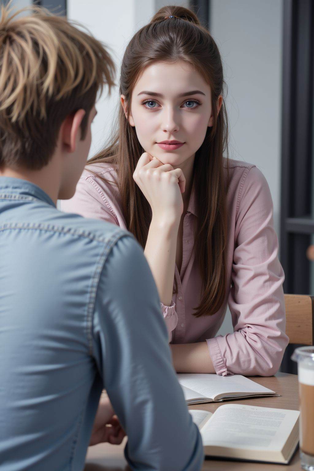 A young woman with long brown hair and blue eyes is sitting at a table, looking at viewer. She is wearing a pink shirt and has her hand on her chin. A young man with blonde hair is sitting in front of her. There is a book and a drink on the table. <lora:AgainAnimeGirlF1Lora10_v2:1>