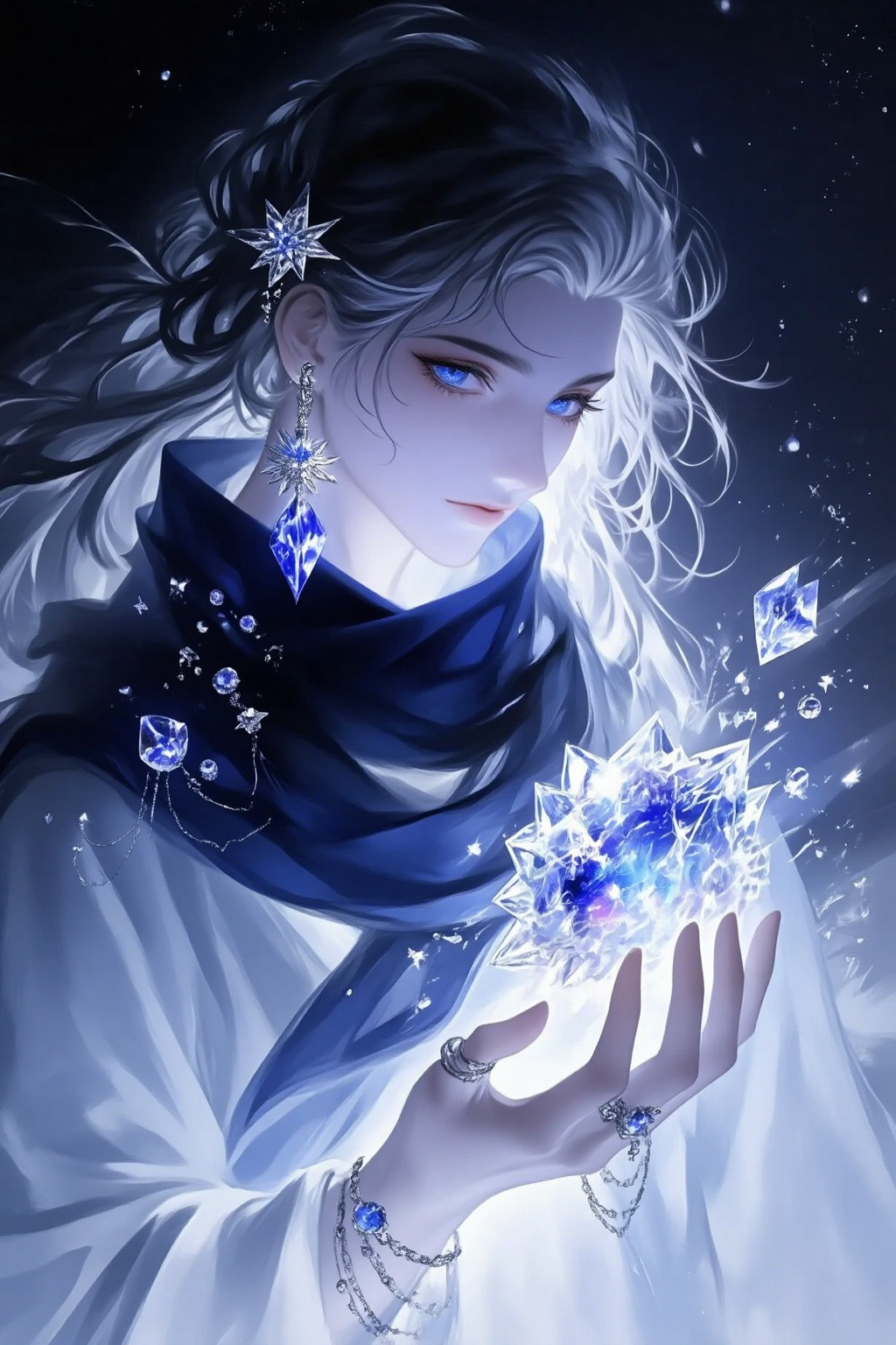 ZOZ_SUMIAOHH,ZOZ_SUMIAOMIAO,a digital illustration shoot from a close-up camera angle about a mystical woman holding a glowing crystal in her hands,the image also shows a serene and mystical atmosphere,on the middle of the image,a young woman appears to be in her early twenties,with a calm and peaceful expression,she has long,wavy black hair and blue eyes,and is wearing a white dress with a blue scarf draped around her neck,her hair is adorned with a hair ornament and earrings,and she is holding a snowflake-like object in her right hand,the background is a dark,starry night sky with a soft,ethereal glow,the woman is surrounded by sparkling crystals and jewelry,including a star-shaped brooch and several bracelets,the lighting is soft and diffused,creating a dreamy and ethereal atmosphere,