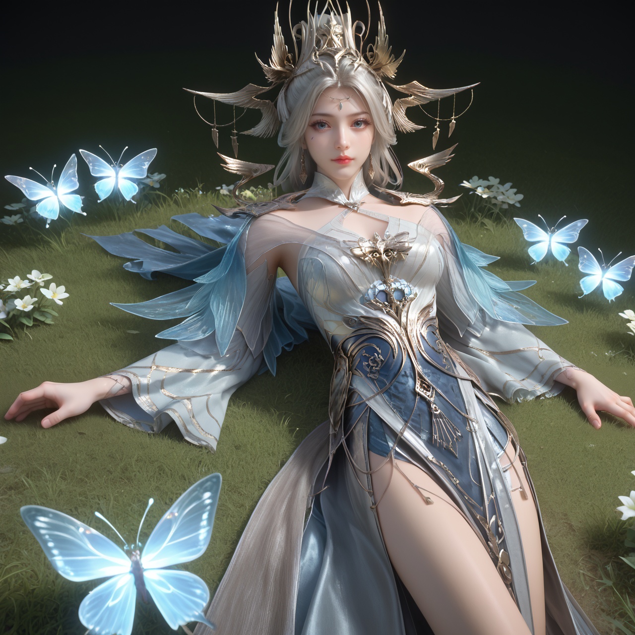 score_9,score_8_up,score_7_up,score_6_up,best quality,detailed clothes,8k,(simple background:1.2),sfw,(rim light:1.2),face the light,<lora:宁雨蝶生死境-百炼成神-pony:0.8>,ningyudie,1girl,solo,makeup,dress,shiny clothes,looking at viewer,cowboy shot,(glowing:1.3),(lying:1.2),on stone plate,(glowing flowers:1.1),(glowing small butterflies:1.1),side slit,flowers,grass,