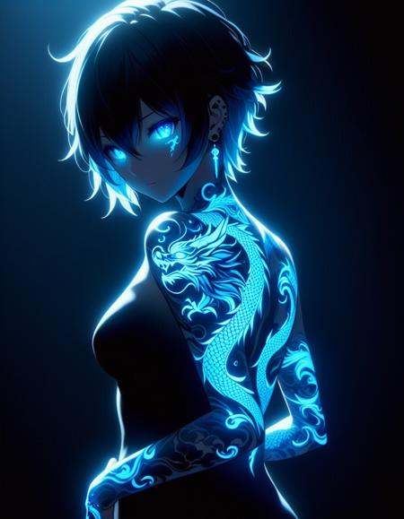 Artgerm,  anime art A full body anime-style character with glowing blue dragon tattoos covering their arm and face and bac...
