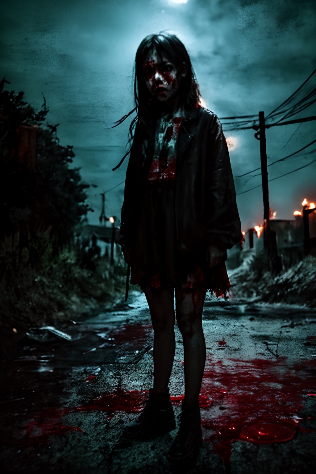 1girl,<lora:loneliness_15_v2>,night,dark,1girl,blood on face,scared,holding a bone,full body,outdoors,