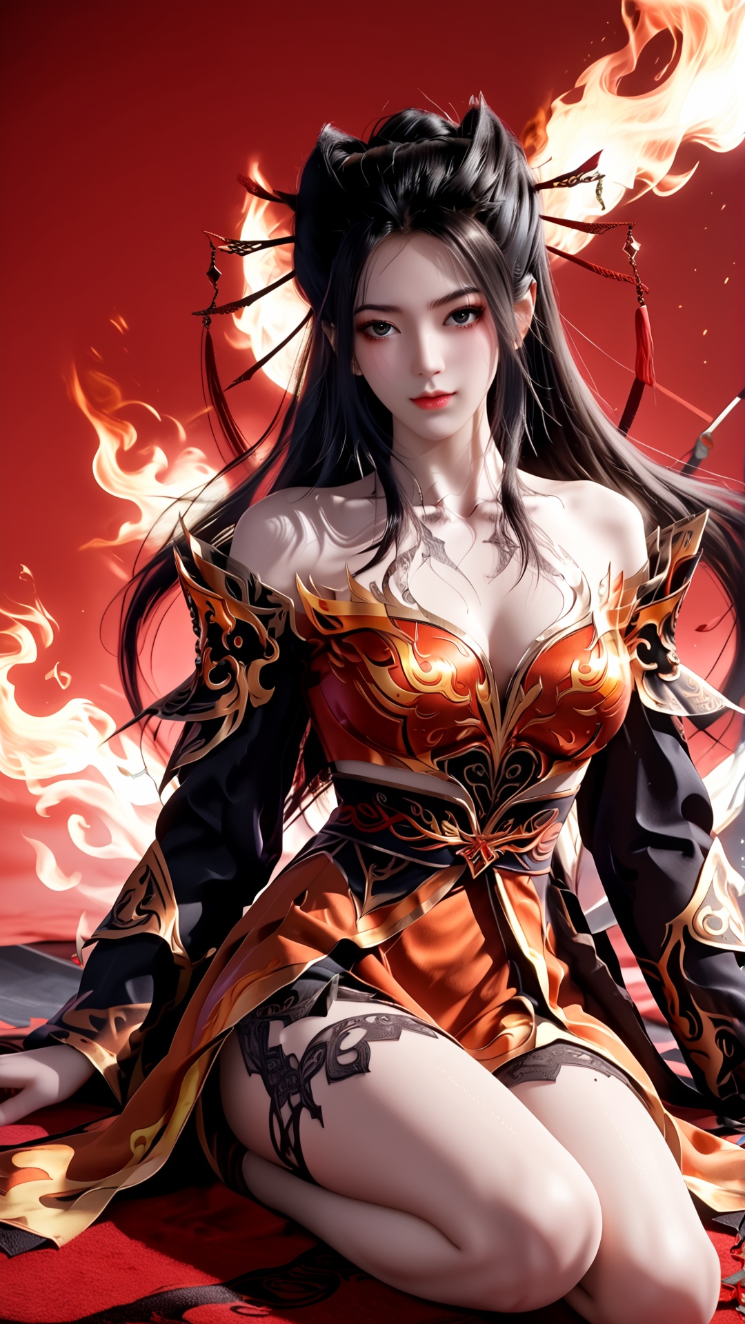 The image is a digital illustration of a young woman sitting on a red carpet with a red background. She is wearing a black and orange outfit with intricate designs and patterns. The outfit has a high neckline and long sleeves,and the bodice is covered in flames. The woman has long dark hair styled in a dramatic updo with two large horns on either side of her head. She has tattoos on her arms and legs,and her hands are resting on her knees. The overall mood of the image is intense and powerful.,<lora:pony焰:0.8>,