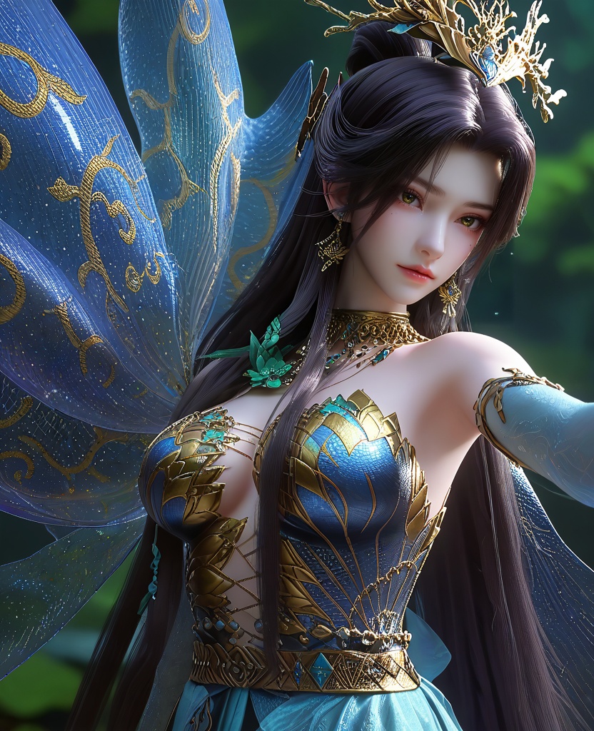 (selfie,hyper realistic gopro action photo:1.1),(large breasts:1.2),<lora:XL16云深不知梦羲和罄水珠:0.95>,miss xihe,blue corset tiered gown,mole under left eye,black hair,traditional chinese updo with long front strands,absurdly long hair,hair ornament,jewelry,elbow gloves,fairy wings,bracelet,bare shoulders,sparkle,, score_9,score_8_up,score_7_up,score_6_up,score_5_up,score_4_up,3d rendering,tag1,tag2, Cinematic Lighting,backlighting,