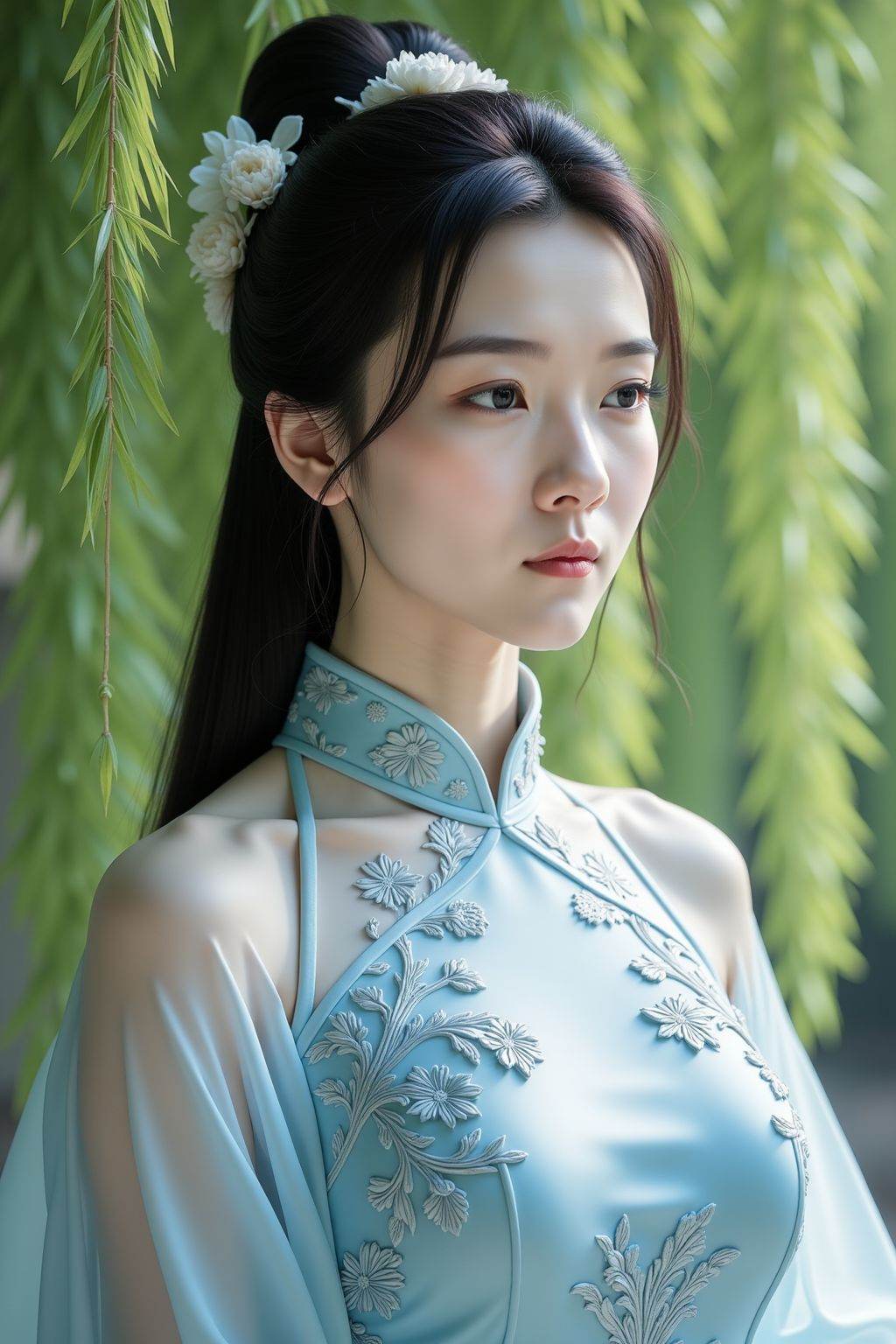 This is a photograph of a young East Asian woman with fair skin, long black hair styled in an elegant updo adorned with small white flowers. She wears a light blue, intricately embroidered traditional Chinese cheongsam with sheer, flowing sleeves. Her expression is serene and contemplative. The background features lush, green willow branches hanging down, creating a natural, serene atmosphere. The soft lighting enhances the ethereal quality of the scene.