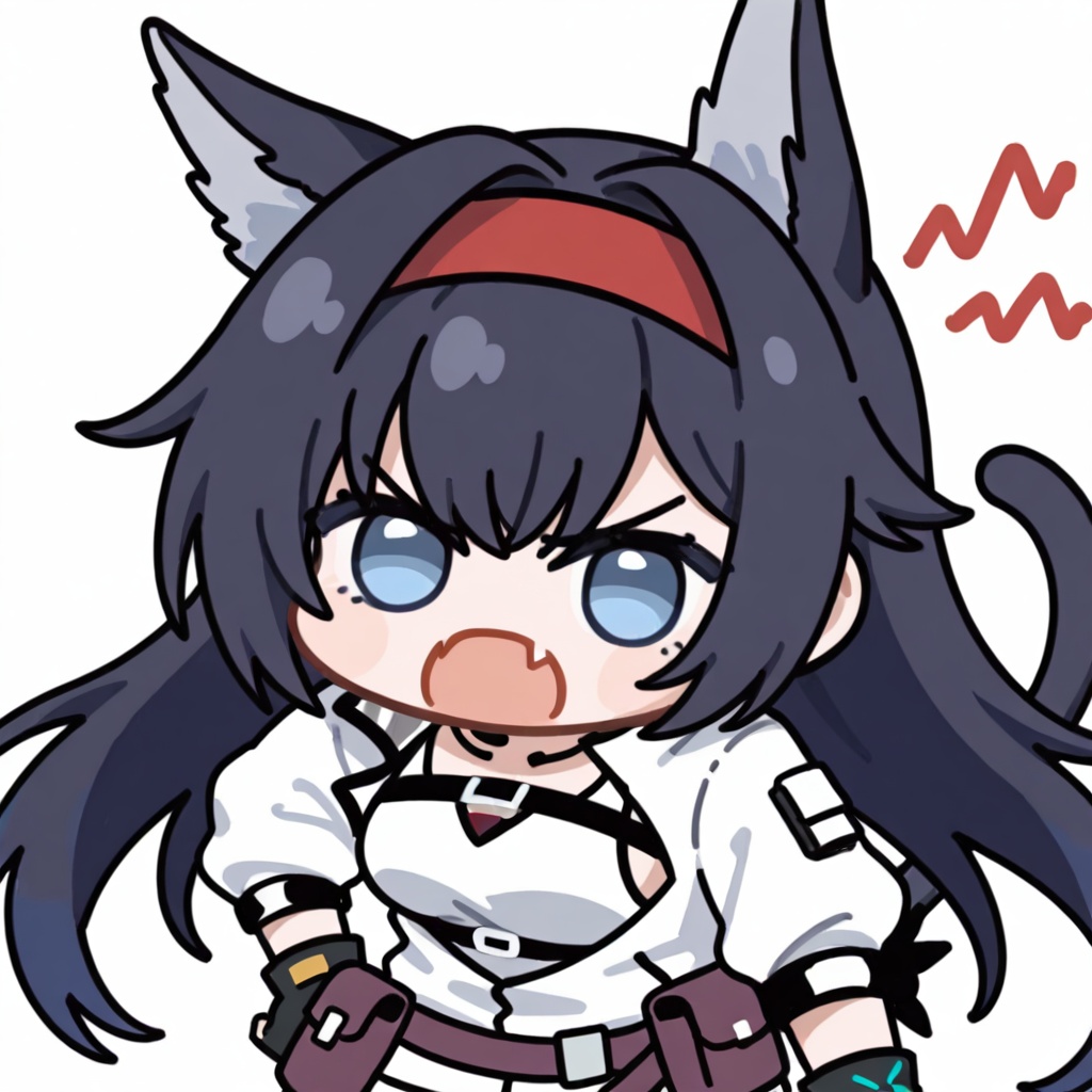 <lora:haqi_angry_fang:0.7>,blaze \(arknights\),arknights,long hair,black hair,animal ears,blue eyes,cat ears,hairband,bangs,red hairband,,very long hair,tail,cat tail,cat girl,chibi,1girl,solo,upper body,haqi,angry,fang,v-shaped eyebrows,looking at viewer,open mouth,white background,simple background,<lora:doro_head_noob-4:0.9>,doro,
