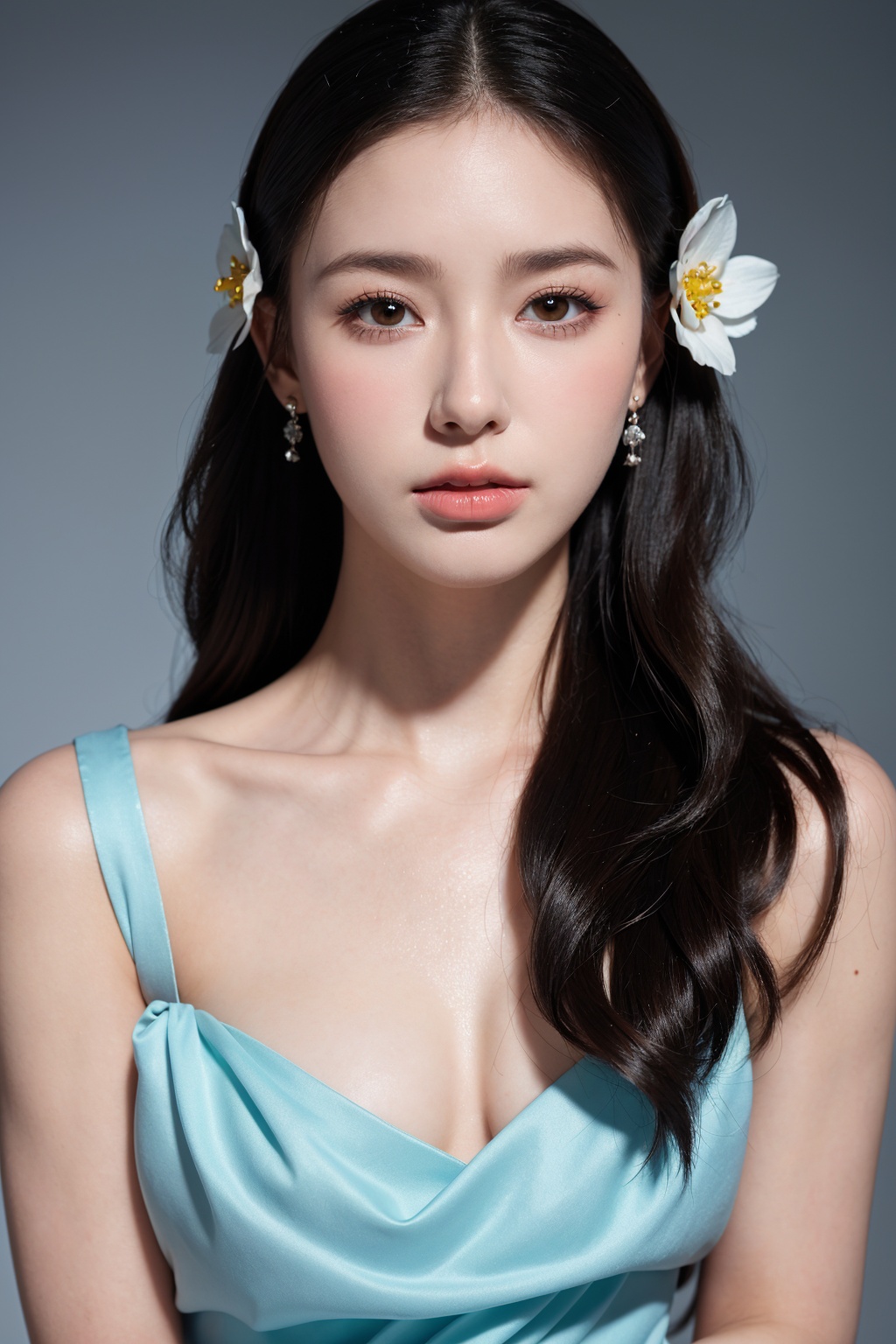 1girl, solo,(front view:1.2),(looking_at_viewer:1.4),(eye-contact:1.4),,black hair, long hair, jewelry, realistic, earrings, hair ornament, black eyes, lips, collarbone, parted lips, flower, watermark, upper body, portrait, hair flower, dress, web address,  <lora:YG红颜阁美女15:0.85>,