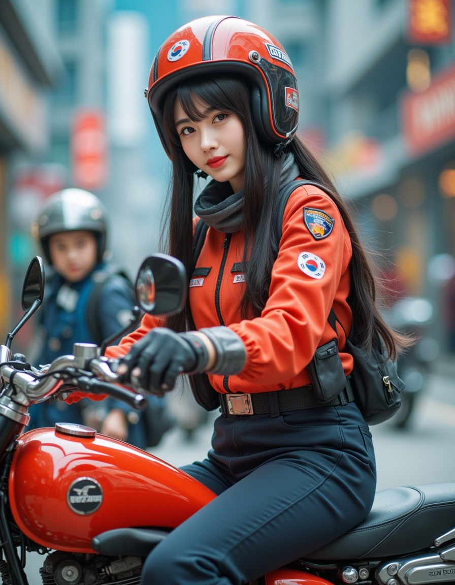 a south korea woman,she was wearing a jk uniform,she was sitting on a motorcycle,crazy color scheme,background confusion,