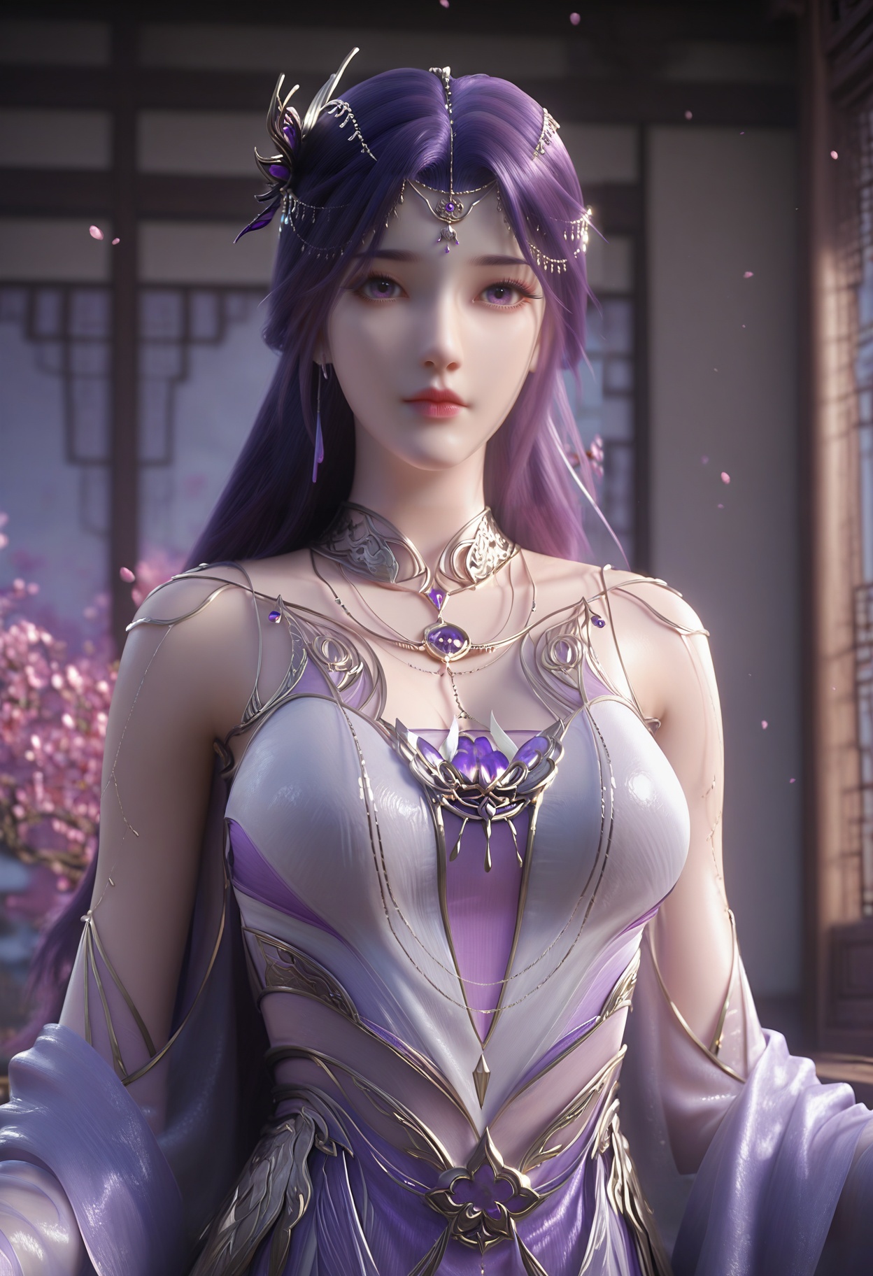 Yun_**,1girl,hair ornament,jewelry,long hair,purple hair,necklace,looking at viewer,bare shoulders,purple eyes,circlet,<lora:Yun_**_tianren_10_illu-000004:0.75>,dress,white dress,long sleeves,see-through,purple dress,photorealistic,hyperrealistic,<lora:realistic filter [IL]:1>,(pale skin:1.2),standing,(upper body:1.2),lantern,open window,looking at viewer,indoors,mountains,blossoms,flowers,east asian architecture,beautiful sunrise,warm ambient temperature,