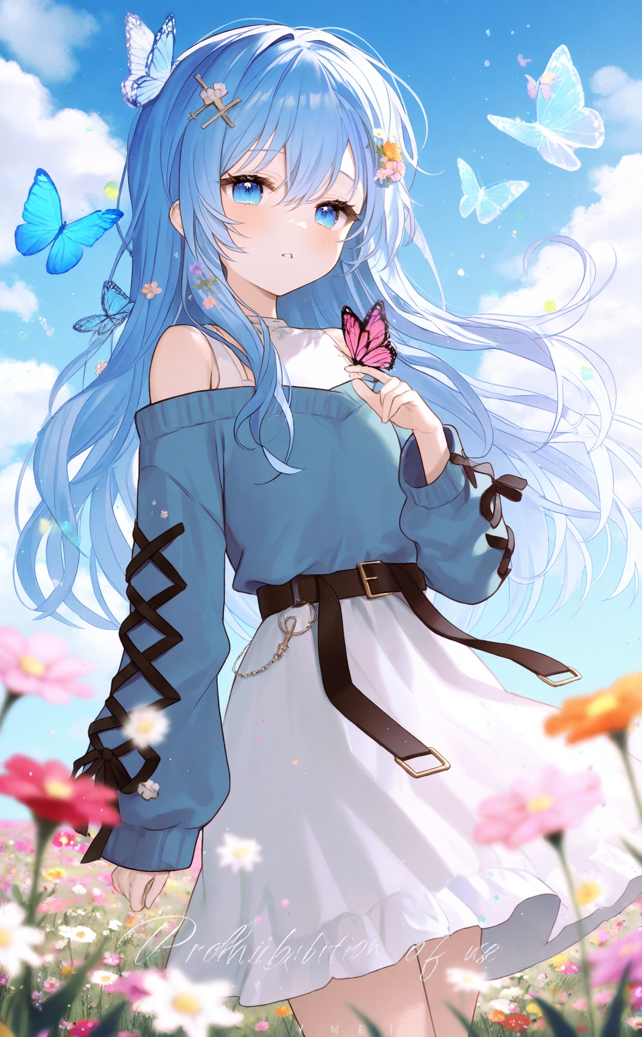 masterpiece,absurdres,best quality,loli,petite,high quality,//,1girl,butterfly,bug,blue_butterfly,solo,flower,cross-laced_sleeves,blue_eyes,blue_hair,long_hair,flower_field,skirt,looking_at_viewer,belt,white_flower,outdoors,cross-laced_clothes,long_sleeves,blue_sweater,field,off_shoulder,off-shoulder_sweater,cloud,hair_ornament,yellow_flower,blurry_foreground,pink_flower,sweater,sky,watermark,parted_lips,butterfly_on_hand,black_belt,shirt,blurry,white_skirt,hair_between_eyes,floating_hair,happy_birthday,bare_shoulders,red_flower,orange_flower,belt_buckle,hand_up,day,blue_sky,hair_flower,//,<lora:FymriE——【noob】hans:1>,