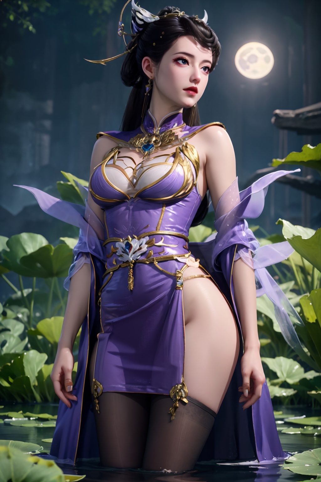 standing,flower,full_moon,moon,night,lily_pad,lotus,moonlight,nipples,water,night_sky,lily_\(flower\),sky,partially_submerged,1girl,solo,hair ornament,long hair,realistic,nail polish,photo_\(medium\),(medium breasts, cleavage),makeup,(8k, RAW photo, best quality, masterpiece:1.2),(realistic, photorealistic:1.3),ultra-detailed,extremely detailed cg 8k wallpaper,(crystalstexture skin:1.2),extremely delicate and beautiful,(sexy pose:1.2),wearing edgHL,see-through,thighhighs,sexy lingerie,(medium breasts:1.2),silk,thin transparent silk,torn pantyhose,