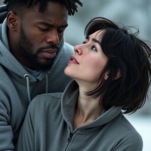 The woman looks up expressionless as the lower half of a black man dressed in grey tech pants and white Nike running shoes...