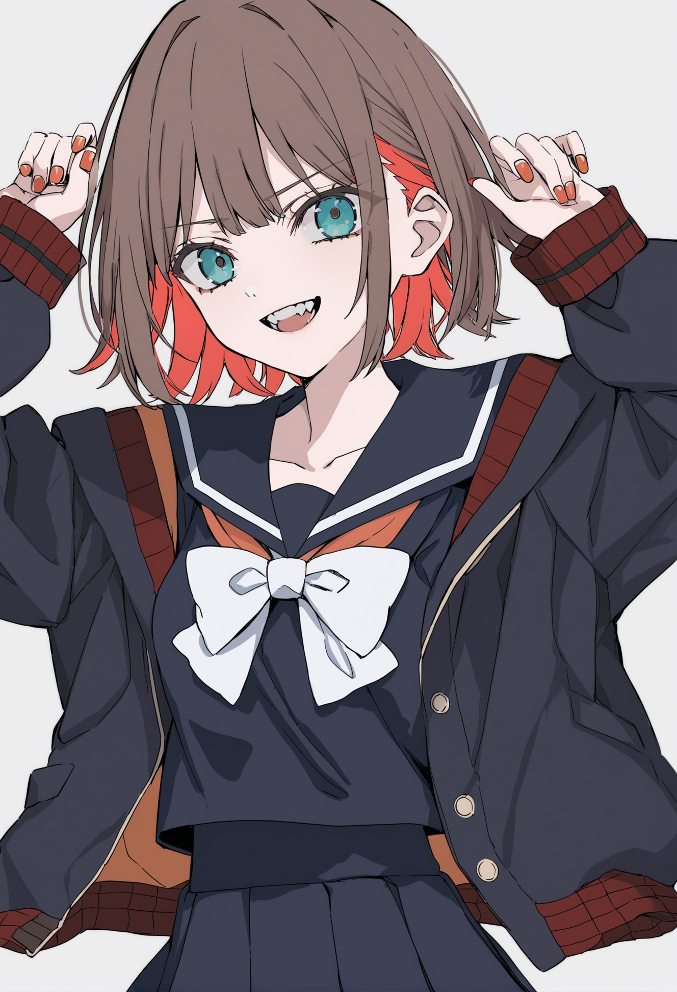 masterpiece, best quality,1girl,   solo, jacket, bow, multicolored hair, open mouth, school uniform, sailor collar, looking at viewer, long sleeves, serafuku, skirt, white bow, short hair, cardigan, bowtie, red hair, open jacket, bangs, hands up, fangs, nail polish, upper body, open clothes, white bowtie, black skirt, colored inner hair, orange nails, pleated skirt, collarbone, teeth, brown hair, two-tone hair, aqua eyes, hair between eyes, aqua hair, breasts, high-waist skirt, v-shaped eyebrows, black sailor collar, smile, medium breasts, sleeve cuffs, loose bowtie, handbag, black cardigan, grin, bag <lora:hakuhiruoeoeXLlokr-000056:1>