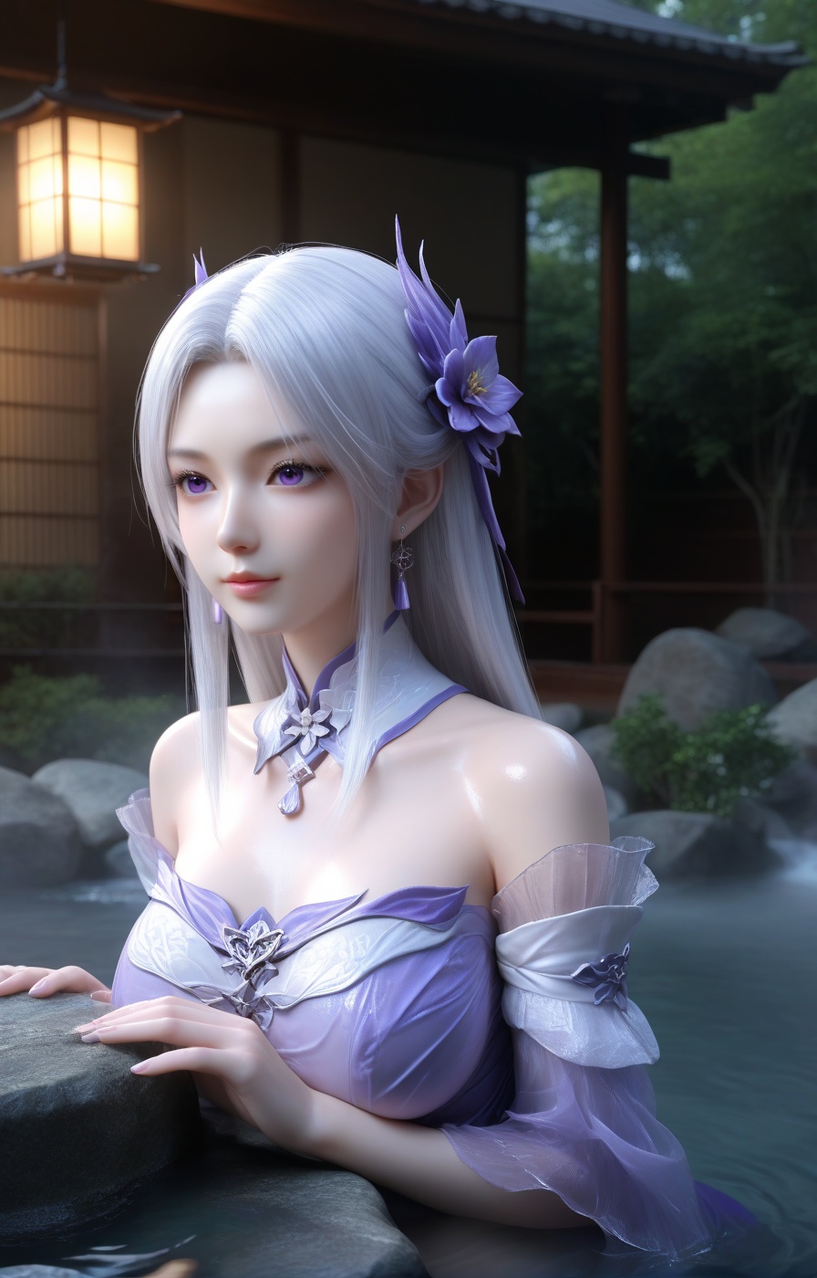 score_9,score_8_up,score_7_up,source_anime,eye reflection,(beautiful_detailed_eyes:1.2),highly detailed,volumetric,dramatic lighting,oil,(shiny_skin:1.2),ultra detailed 8k cg,ultra detailed background,(full_shot:1.3),rating_explicit,3D,(realistic:1.5),perfect face,detailed face,sexy pose,supermodel,overall warm color,dol,innocence,mysterious,surreal,highly detailed,concept art,extremely detailed,amazing quality,ultra-high resolution,32K UHD,<lora:0653 Open-air hot spring_pony:0.8>,ruanyi0653,japanese tangchi,onsen,fence,rock,water,sharp focus,best-quality,with a high-end texture,golden hour,unconventional supreme masterpiece,masterful details,temperate atmosphere,high detailed  skin,(detailed skin:1.1),highly detailed,nice hands,Skindentation,skin depression,<lora:Add_more_details_V2_XLpony:0.6>,dramatic lighting,detailed face,purple_dress,<lora:qingxuan_xiaoyixian_PONY:0.7>,1girl,(light:1.4),solo,long hair,jewelry,white hair,flower,earrings,huge breasts,bare shoulders,day,tulle,voile,(hanfu:1.3),sitting,