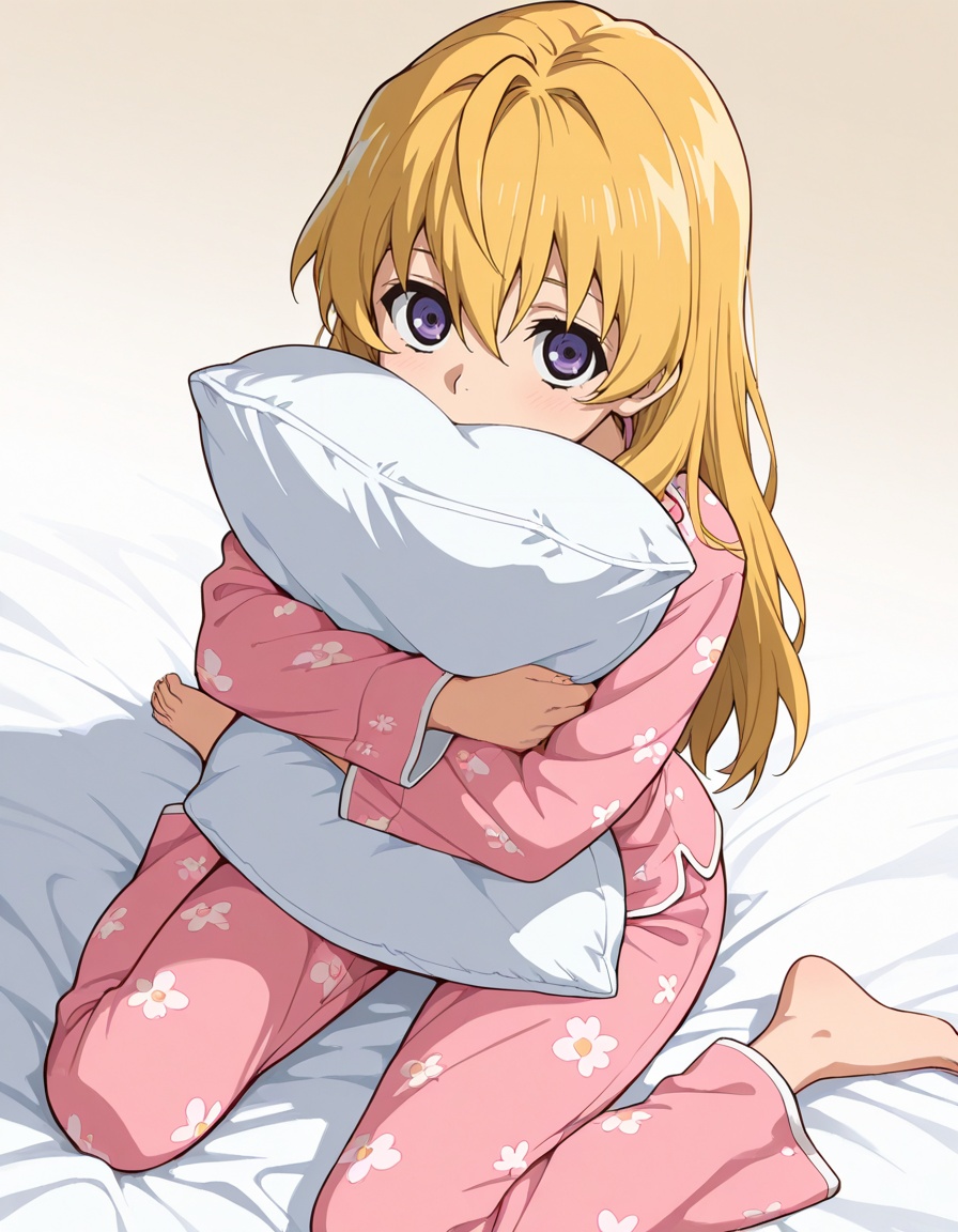 masterpiece, best quality, amazing quality, gradient background,1girl, looking at viewer, long sleeves, floral pajamas, from above, hugging pillow,<lora:mitsuba_sanguu-owari_no_seraph_s2-ixl-anime-soralz:1>, mitsuba sanguu (owari no seraph), long hair, blonde hair, hair down, hair between eyes, purple eyes, bed, pajamas, long pants, wariza, barefoot, 