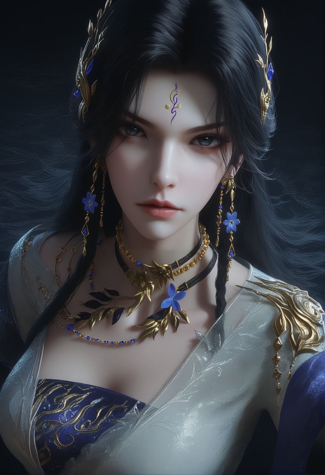 supermodel,score_8_up,score_7_up,hyperdetailed,hyperrealistic,volumetric lighting,focus on face,textured skin,eye lighting,SkinHairDetail,zPDXL,intricate and refined delicate details,unreal engine,very attractive,ultra high res,Expressiveh,realistic skin,score_9,score_8_up,score_9,score_8_up,1 girls,high cold face,yujie,perfect round large,breasts,jewelry,beautiful eyes,detailed eyes,breast,<lora:/曦和岚月门复仇:0.8>,black hair,closed mouth,dress,earrings,facial mark,forehead mark,hair ornament,jewelry,lips,long hair,necklace,nose,teeth,xihe,sitting_on_bed,spread legs,