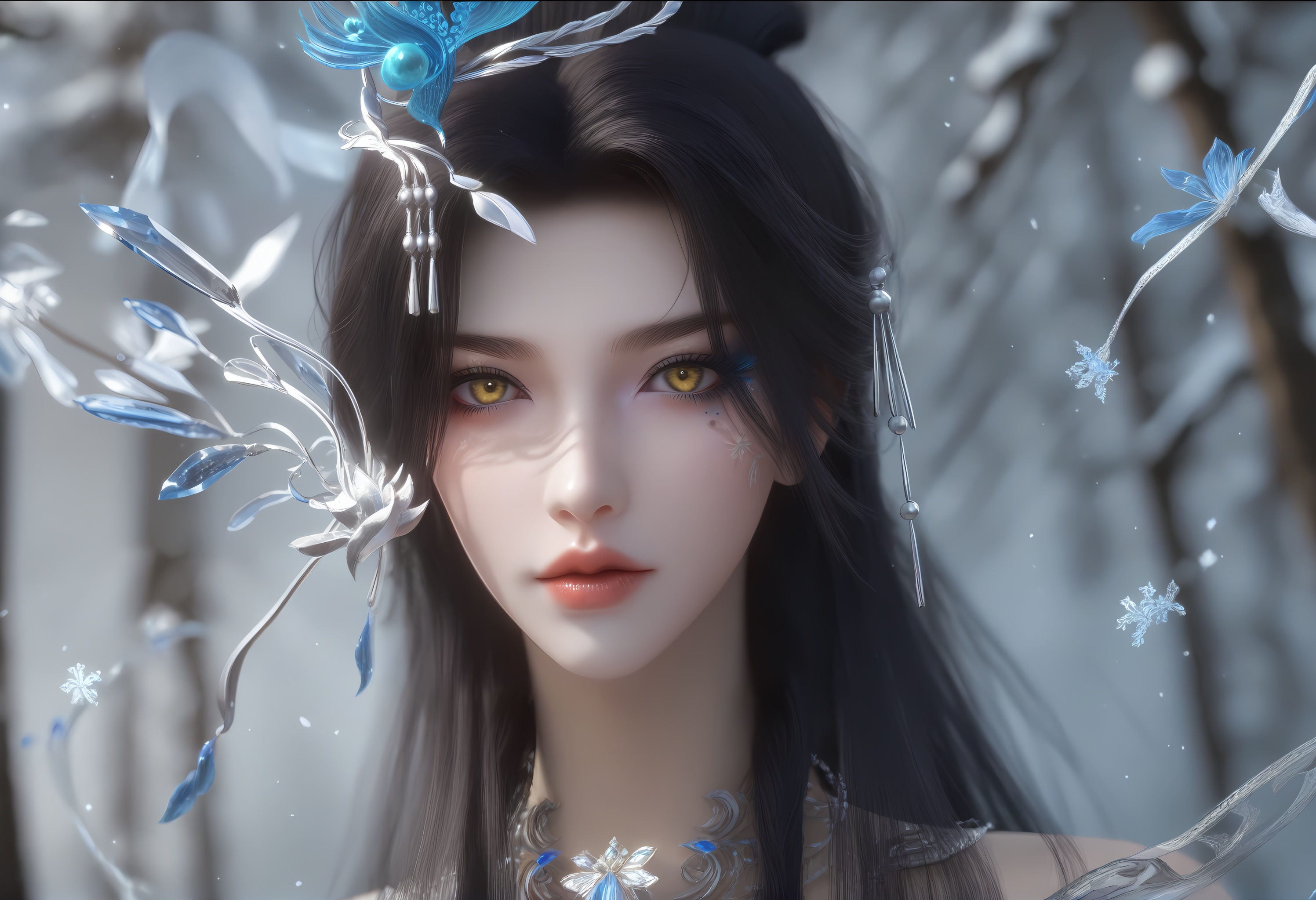 (score_9),portrait,(close-up),solo focus,eye focus,<lora:云望舒-apony-000009:0.83>,yunwangshu,1girl,solo,yellow eyes,long hair,hair ornament,black hair,updo,hair bun,mole under eye,eyeshadow,makeup,<lora:Expressive_H-000001:0.8>,front view,looking at viewer,<lora:e肤色滑块:0.35>,fair_skin,(pale_skin),(white_skin),light skin,ultra-detailed skin texture,detailed textures,BREAKsimple background,in snow,Tyndall effect,available light,depth of field,tree,snowflakes,branch,twig,4K ultra HD,sharp focus,high detail,natural lighting,high contrast,