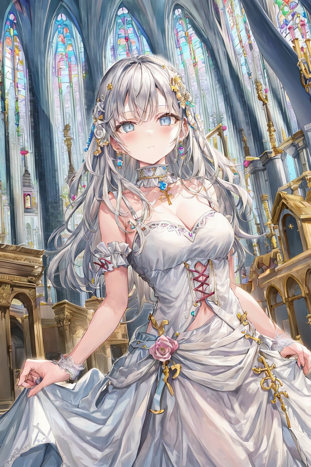 <lora:艺术家_ももこ1:0.8>, (best quality, ultra-detailed), (best illumination, best shadow, an extremely delicate and beautiful), dynamic angle, floating, finely detail, Depth of field, (bloom), (shine), glinting stars, (illustration), (painting), (sketch), (solo), bishoujo, light, best, medieval, ornate, colorful, golden, silver, blue, semstone color, aura, backlight, strong rim light, ray tracing, cinematic angle, adorable, 1girl, holy virgin, expressionless, very long hair, grey hair, (((detailed eyes))), looking at viewer, small breasts, lace-trimmed dress, white dress, white garter straps, tiara, hair ornament, jewelry, ribbon choker, pendant, heaven, churches, behind the virgin is the huge golden church