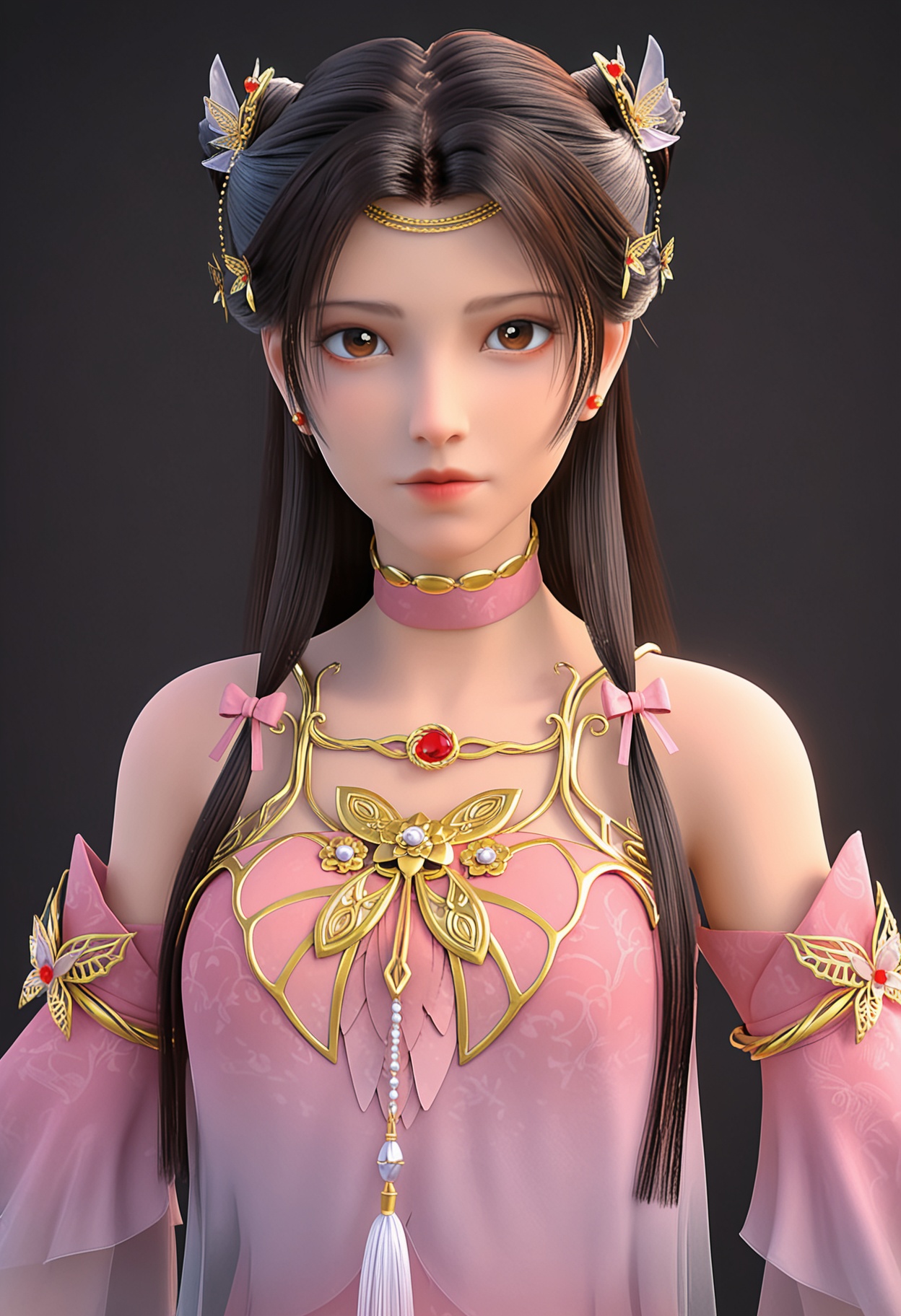 (upper_body:1.2),(looking at viewer:1.1),facing viewer,direct gaze,<lora:YQ_pony_tianlinger_V5:0.8>,q1528437228,1girl,solo,jewelry,long hair,hair ornament,earrings,dress,brown hair,choker,black hair,brown eyes,detached sleeves,hair bun,bracelet,necklace,sandals,BREAK simple background,pure black background,black background,perfect anatomy,