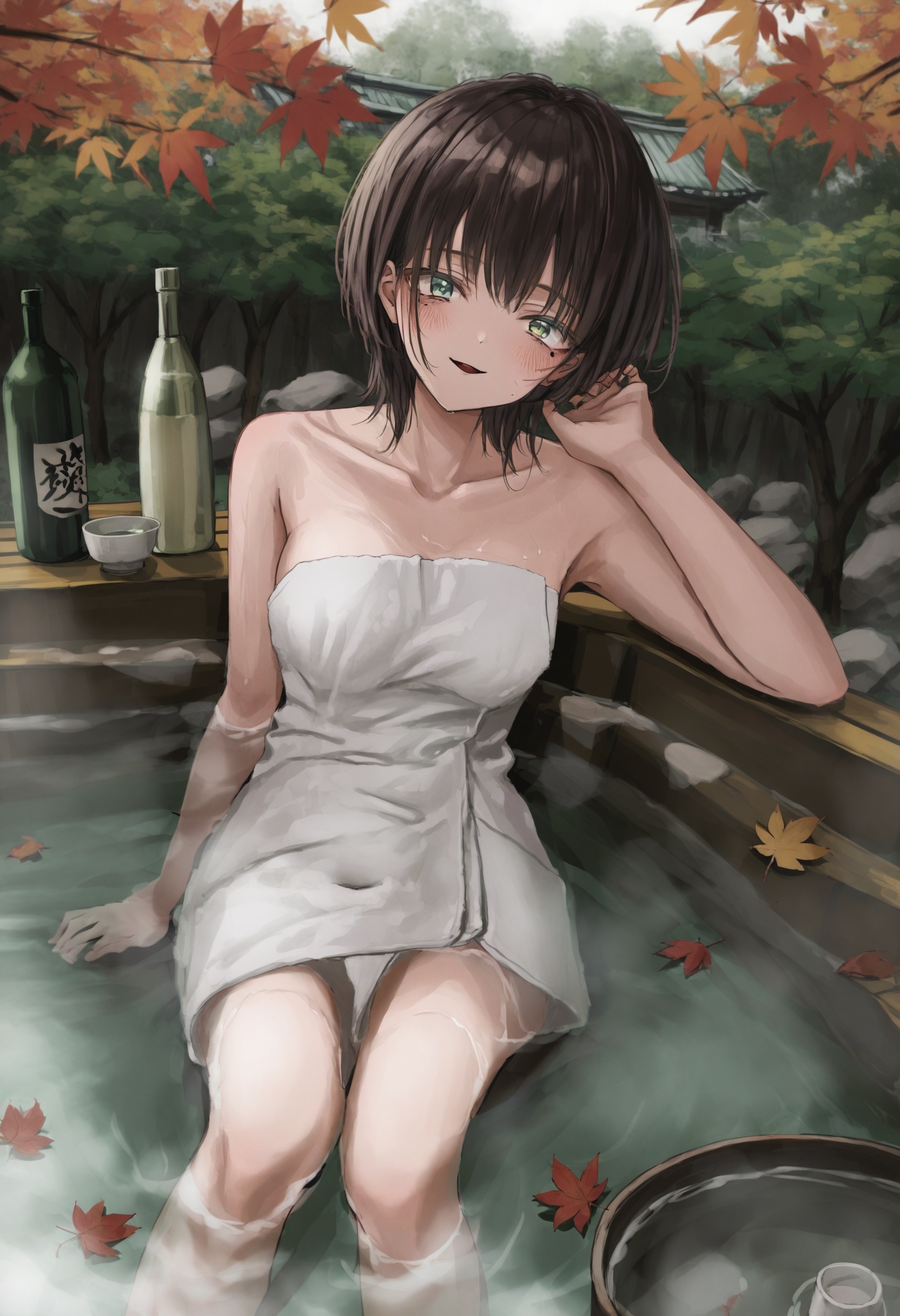 1girl, takagaki kaede,   choko, (cup:1.1), solo, tokkuri, (cup:1.1), onsen, towel, breasts, green eyes, looking at viewer, naked towel, tree, mole under eye, cleavage, brown hair, mole, collarbone, blue eyes, parted lips, heterochromia, outdoors, bare shoulders, partially submerged, autumn leaves, medium breasts, alcohol, sake, smile, water, bangs, leaf, bottle, sitting, blush, maple leaf, smiley face, petals, shiny skin, simple background, choko \(cup\), bucket, water drop, thighs, sake bottle, short hair, covered navel, lips, bathing, drunk, wet, ass, falling leaves, bare arms, masterpiece, best quality <lora:GUXLlokr8f-000183:0.95>