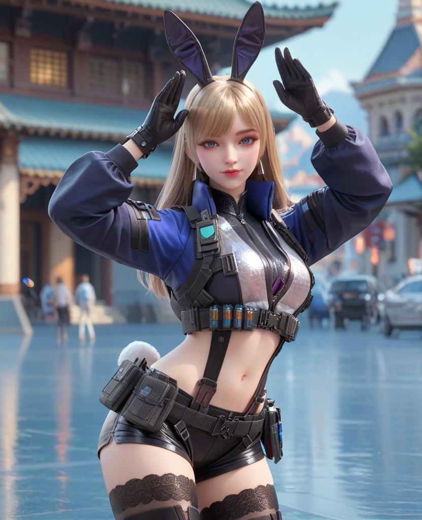 (oriental architecture, elegant decor, sophisticated style:1.1),(bunny pose:1.1),(breasts:1.2),<lora:XL16穿越火线岚兮儿保卫者:0.95>,miss lanxier,blue cropped jacket with tactical reflective patches,blue eyes,blonde hair,long hair,earrings,suspenders,black gloves,black shorts,midriff,black thighhighs,black thigh boots,, score_9,score_8_up,score_7_up,score_6_up,score_5_up,score_4_up,3d rendering,tag1,tag2, Cinematic Lighting,backlighting,, zPDXL3, zPDXL2,zPDXL, zPDXLxxx, zPDXLrl,