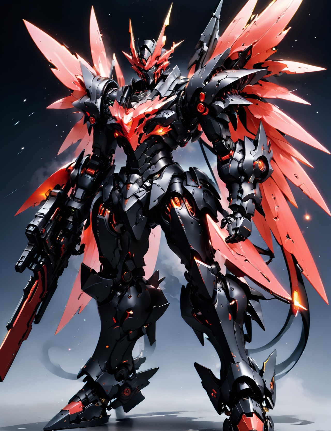 mecha warships,black devil mecha,Demon mecha warrior,full body,<lora:红魔战将机甲:0.6>,BLACK fluorescent mecha,(space battlefield),