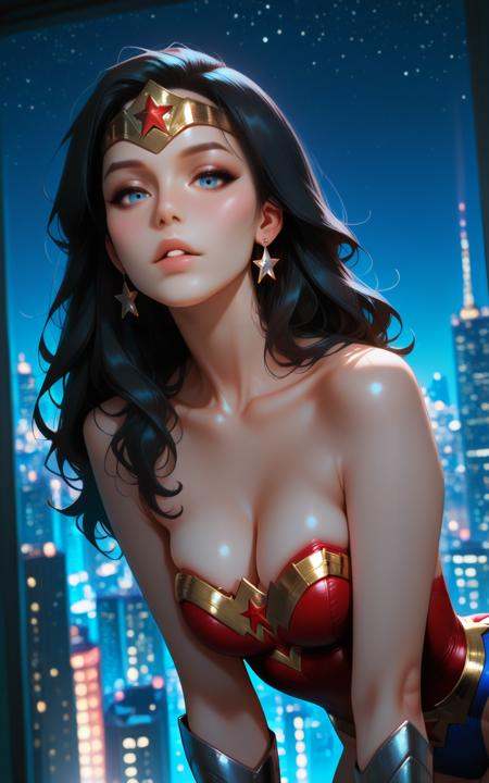 ilwonderwoman, 1girl, superhero, jewelry, solo, blue eyes, black hair, earrings, star earrings, breasts, long hair, leotard, star \(symbol\), parted lips, looking at viewer, bare shoulders, cleavage, collarbone, leaning forward, cityscape, strapless<lora:illustrious- Wonder Woman-1024x1600:1>